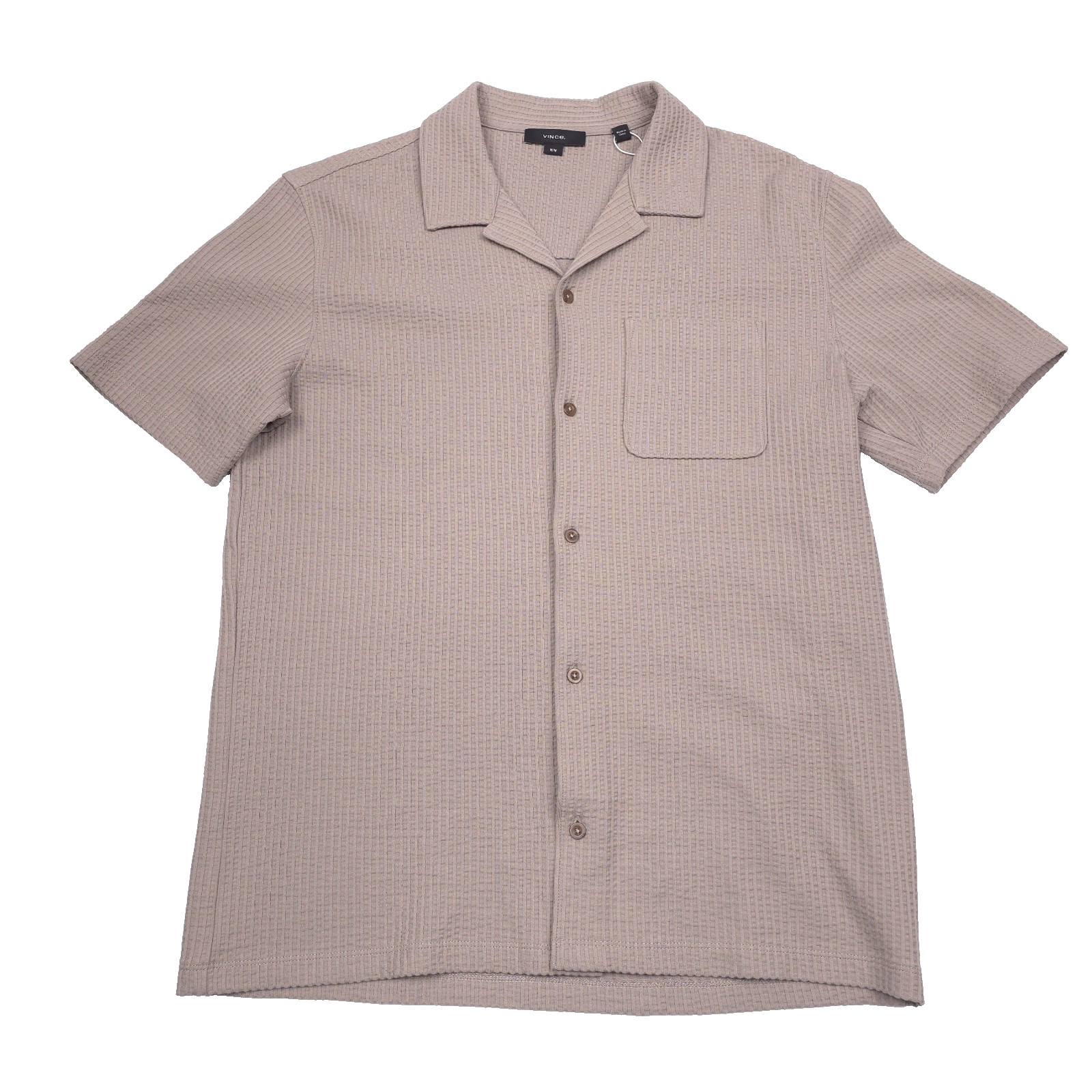 Vince Seersucker Cuban Camp Shirt Mens Medium Regular Fit Putty Beige