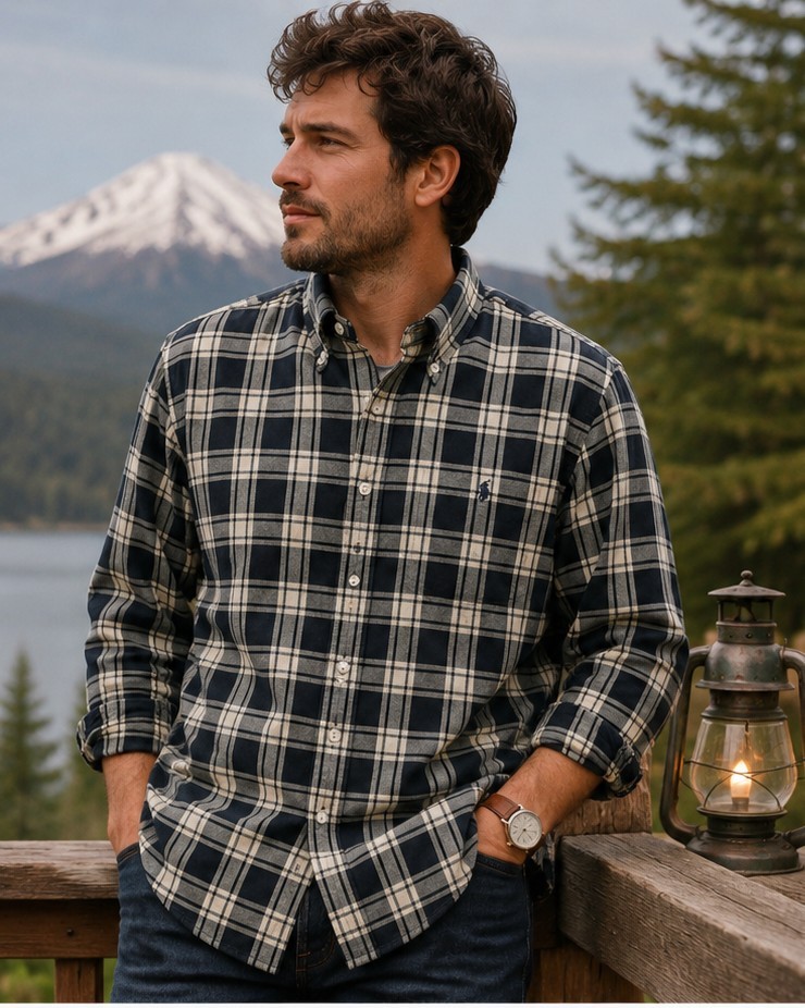 Vintage Ralph Lauren Blake Shirt Mens XL Plaid Navy Cream Cotton Preppy Classic