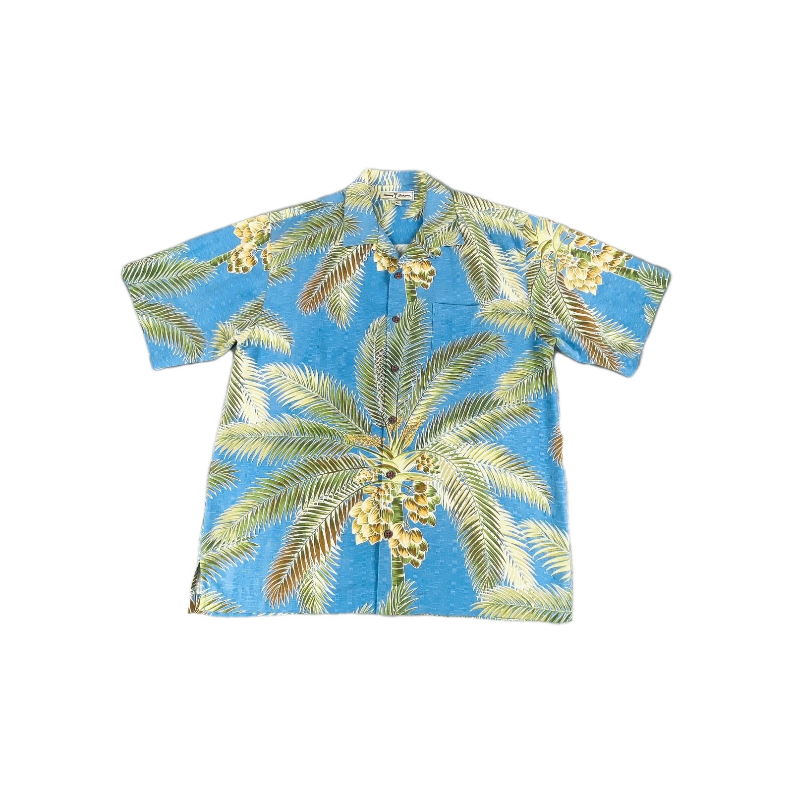 Tommy Bahama Camp Shirt Men Medium Blue Green Silk Palm Tree Side Slit Button Up