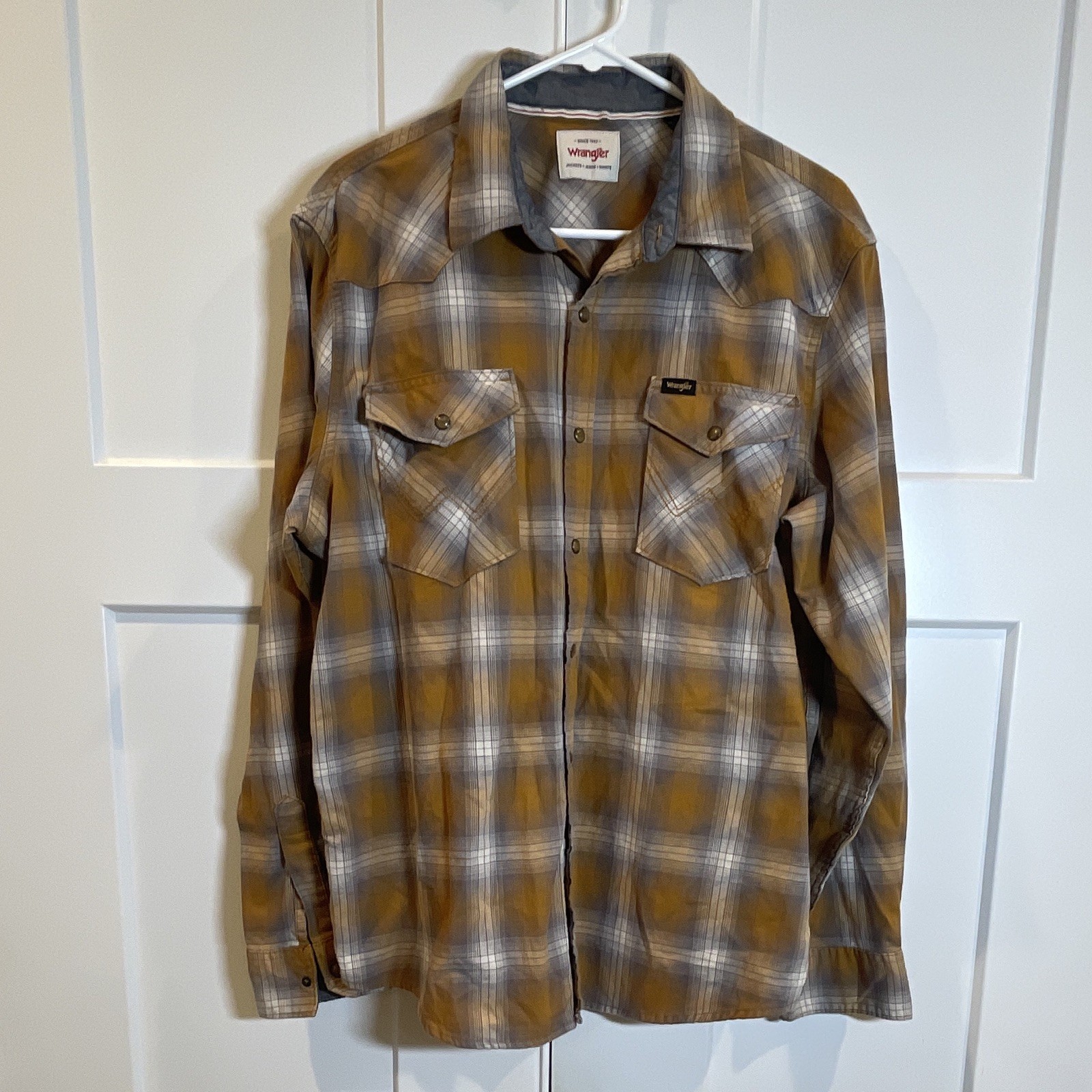 Wrangler Pearl Snap Men’s L Mustard/Gray Plaid Western Long Sleeve Shirt