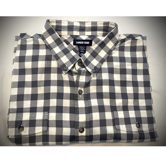 Lands’ End Men’s XLT Big & Tall Gray White Check L/S Button-Down Shirt