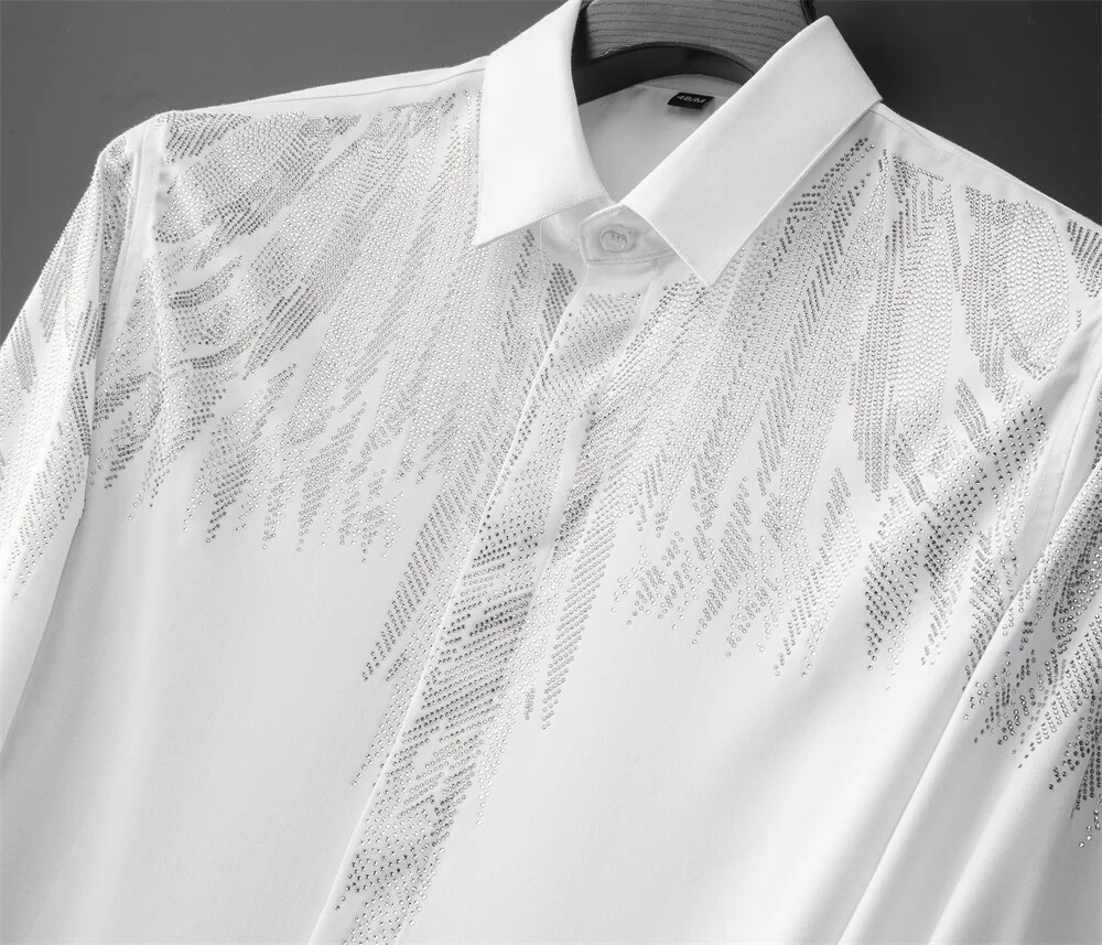 New Luxury Men Diamond Rhinestones Fashion Button-Down Shirt High Quality