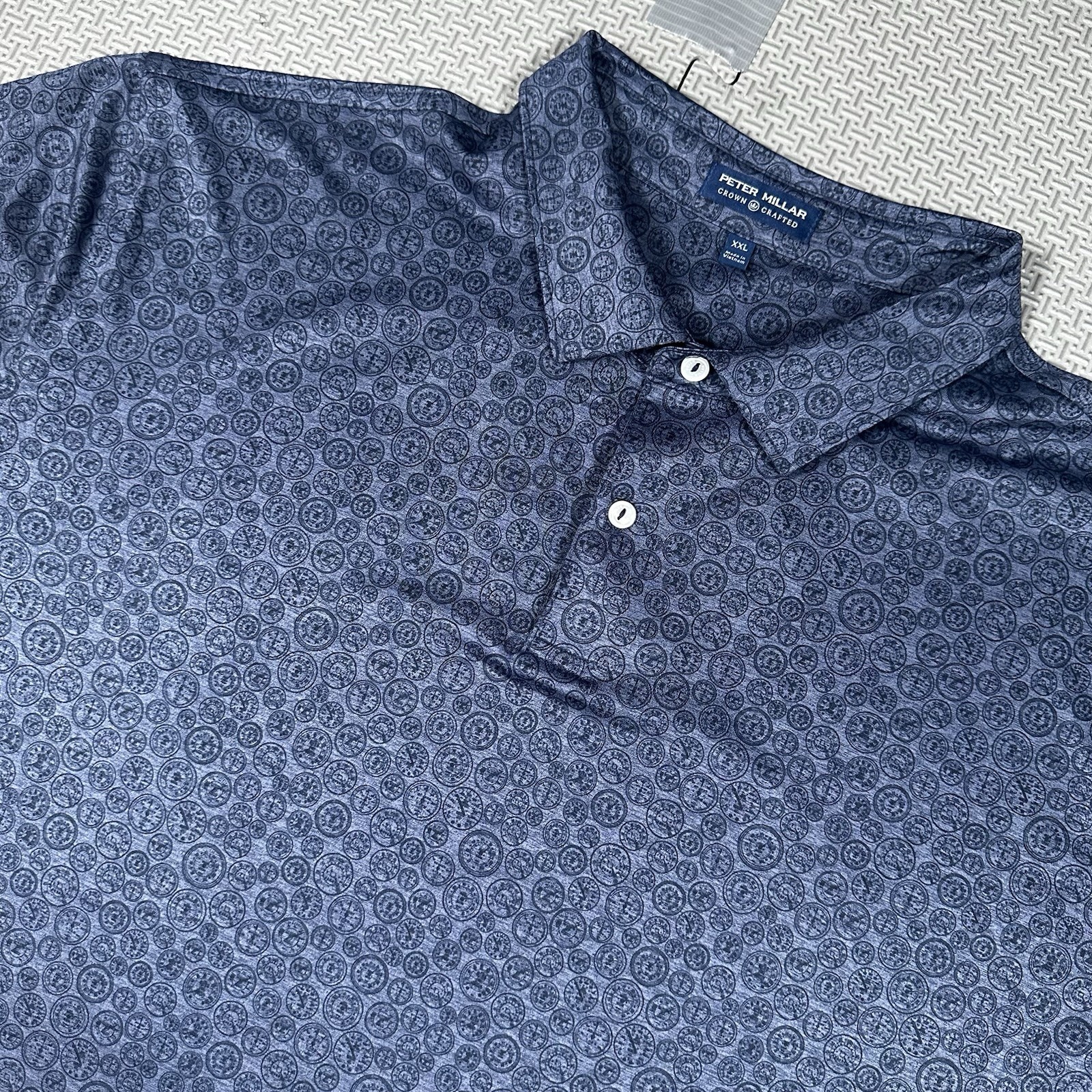 Peter Millar Crown Crafted Shirt Mens 2XL Blue Clock Hands Print Geometric EUC