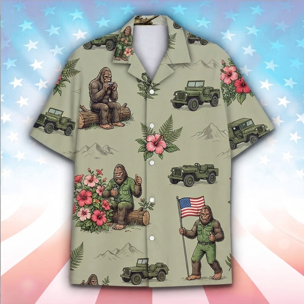 Bigfoot Military Jeep And Tropical Hibiscus Hawaiian Shirt, Friends Gift