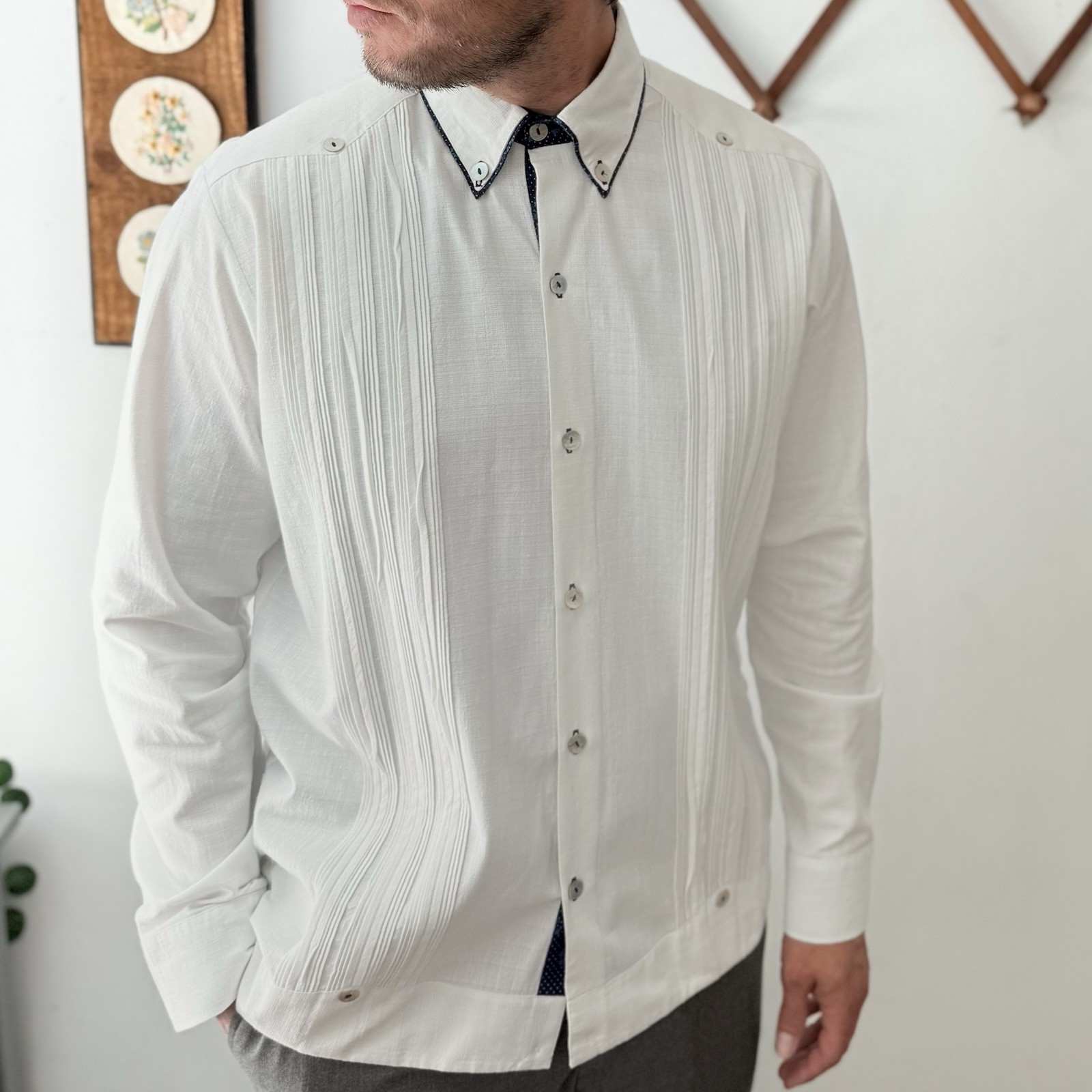 White Linen Casual Tuxedo Style Button Up Shirt Beach Wedding Mens 40 Medium