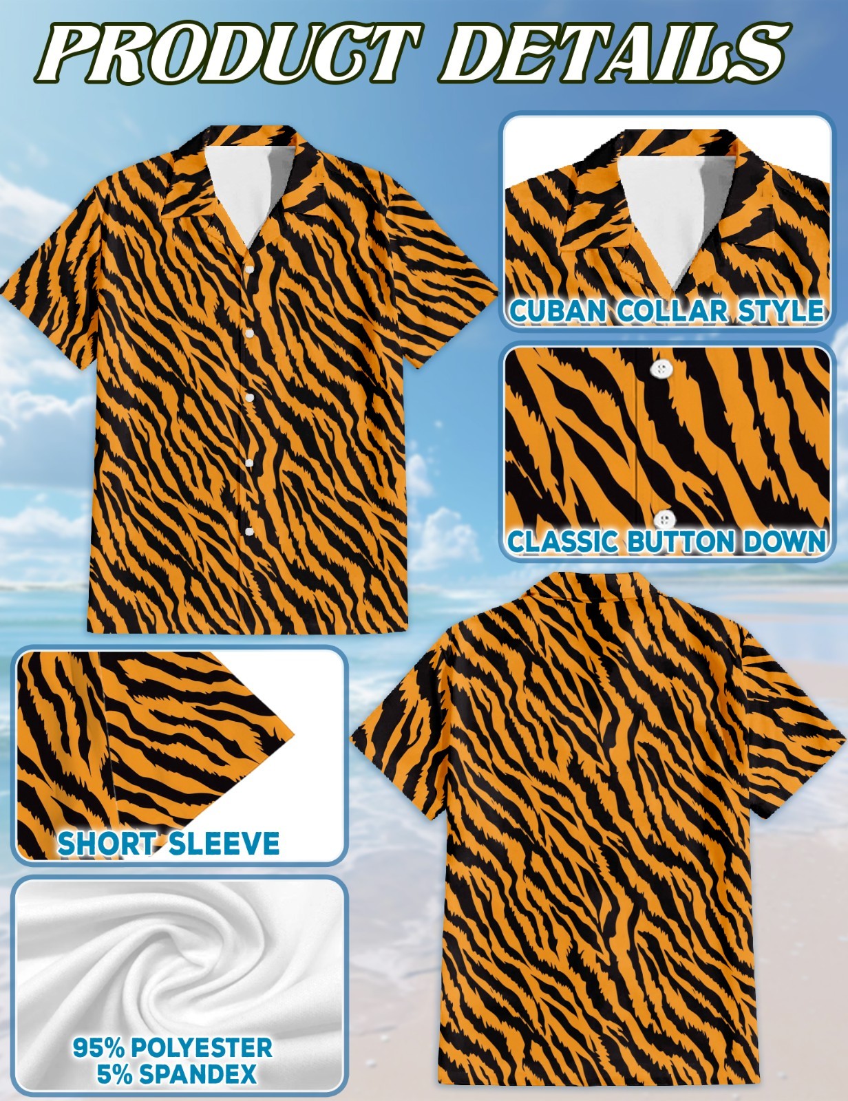 Tiger Print Hawaiian Shirt Wild Animal Jungle Summer Beach Aloha
