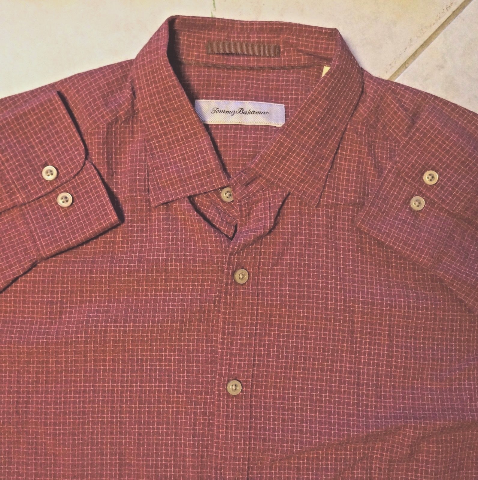 TOMMY BAHAMA Textured Silk Cotton Blend L/S Dress Shirt L Brick Red Checked EUC
