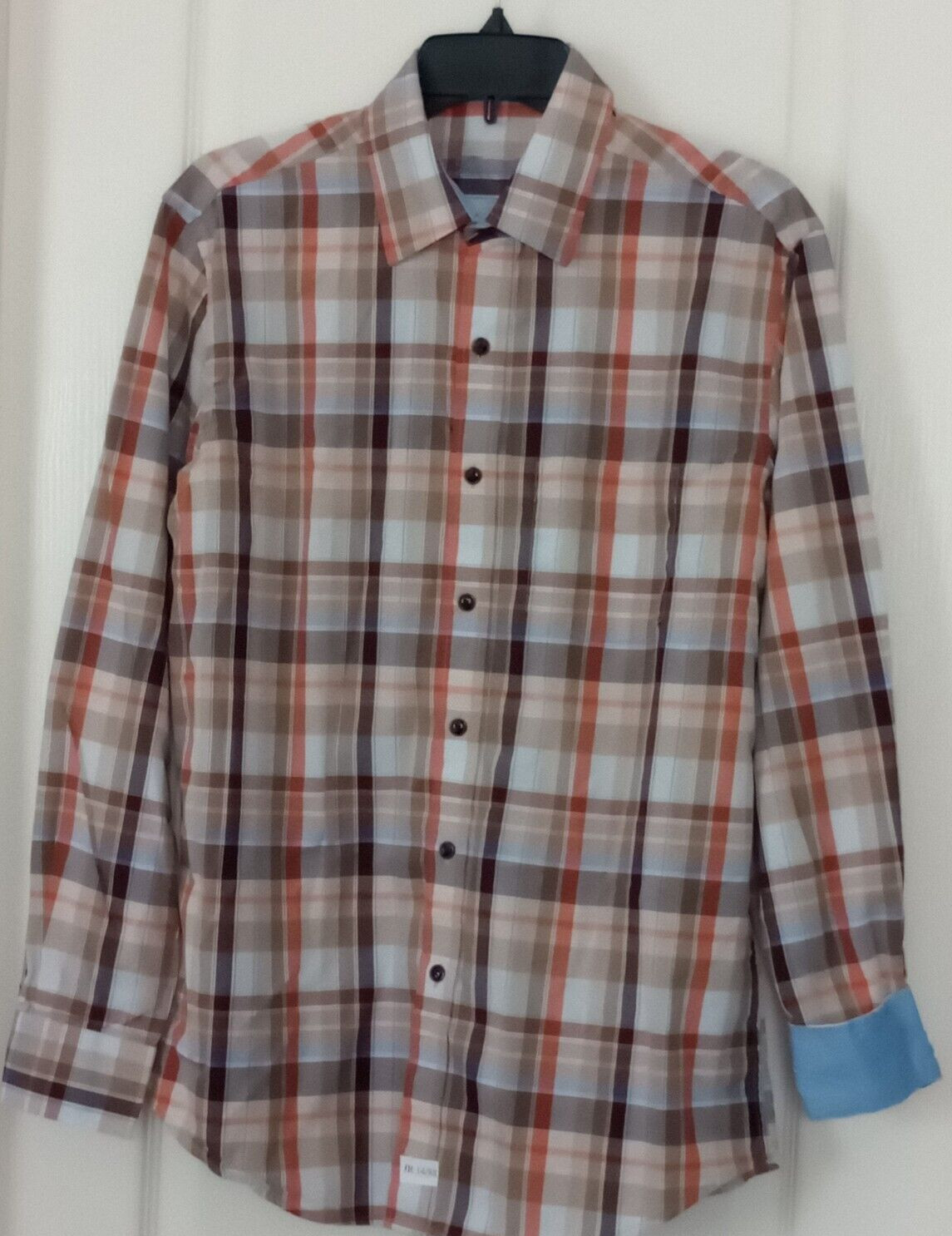 Men Tasso Elba Plaid Shirt Size S (14~14.5) Long Convertible Sleeve cuff Cotton