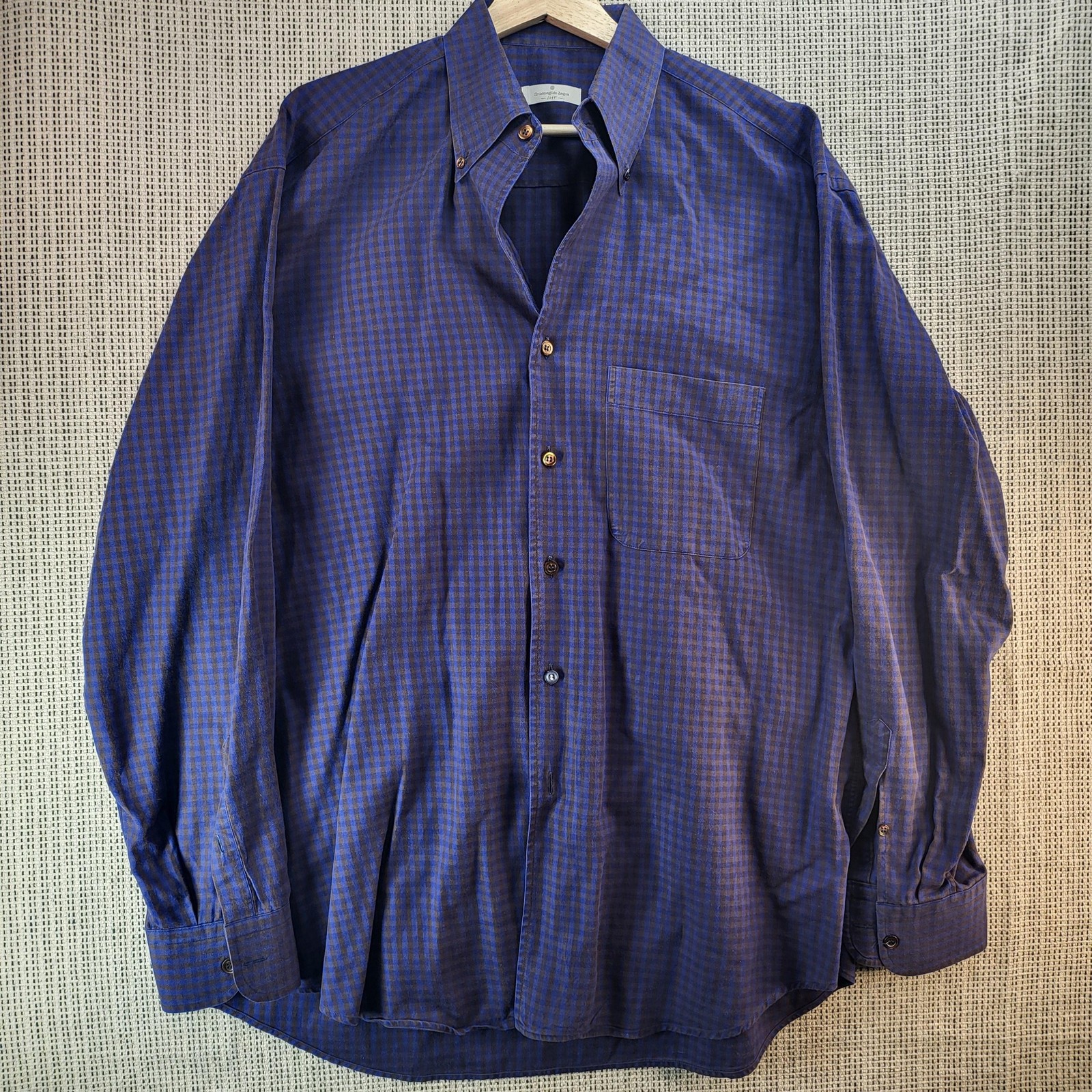 Ermenegildo Zegna Soft Shirt Mens Large Blue Brown Check Long Sleeve Button Down