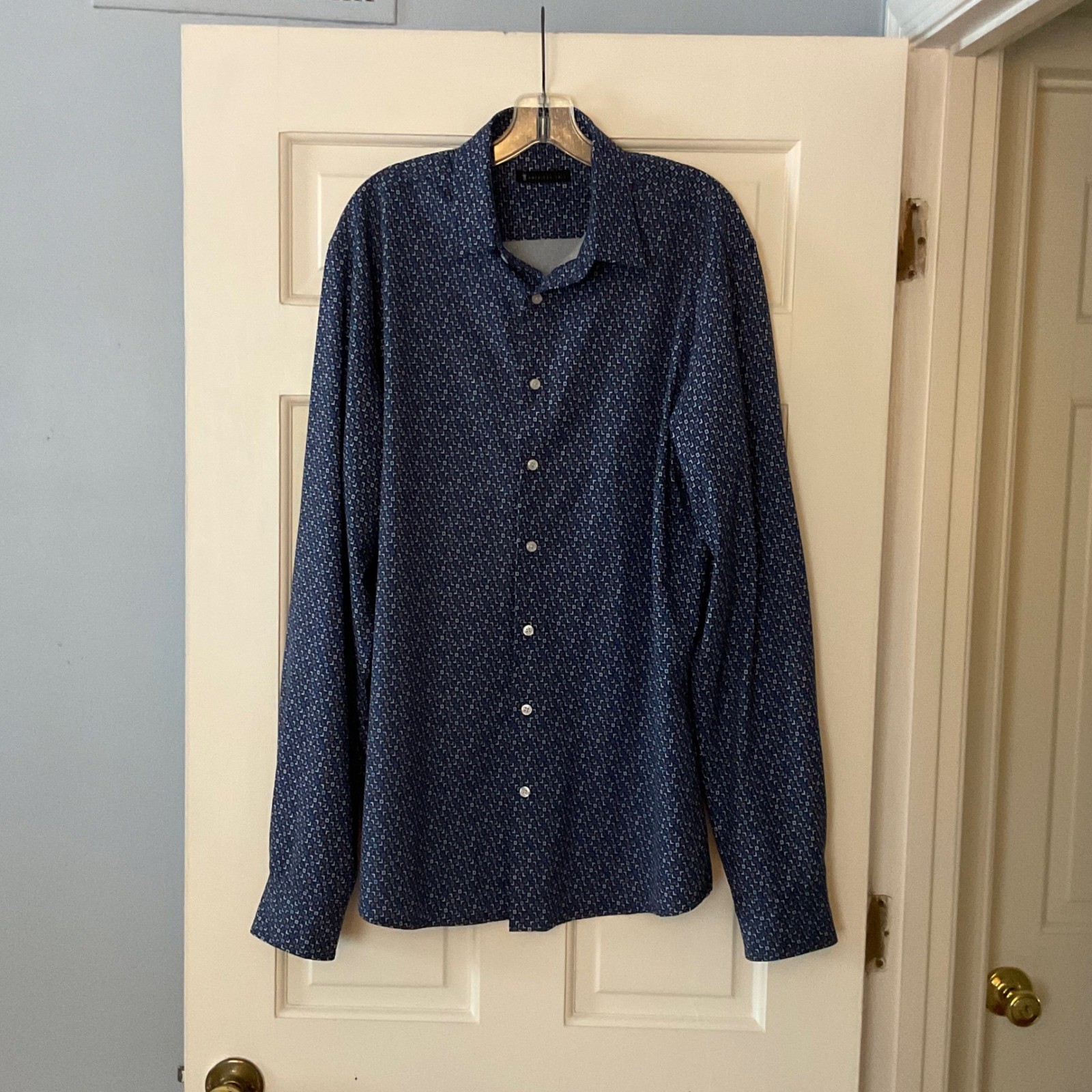 American Tall Mens Navy Blue Geometric Print Stretch Button Down Shirt LT Large