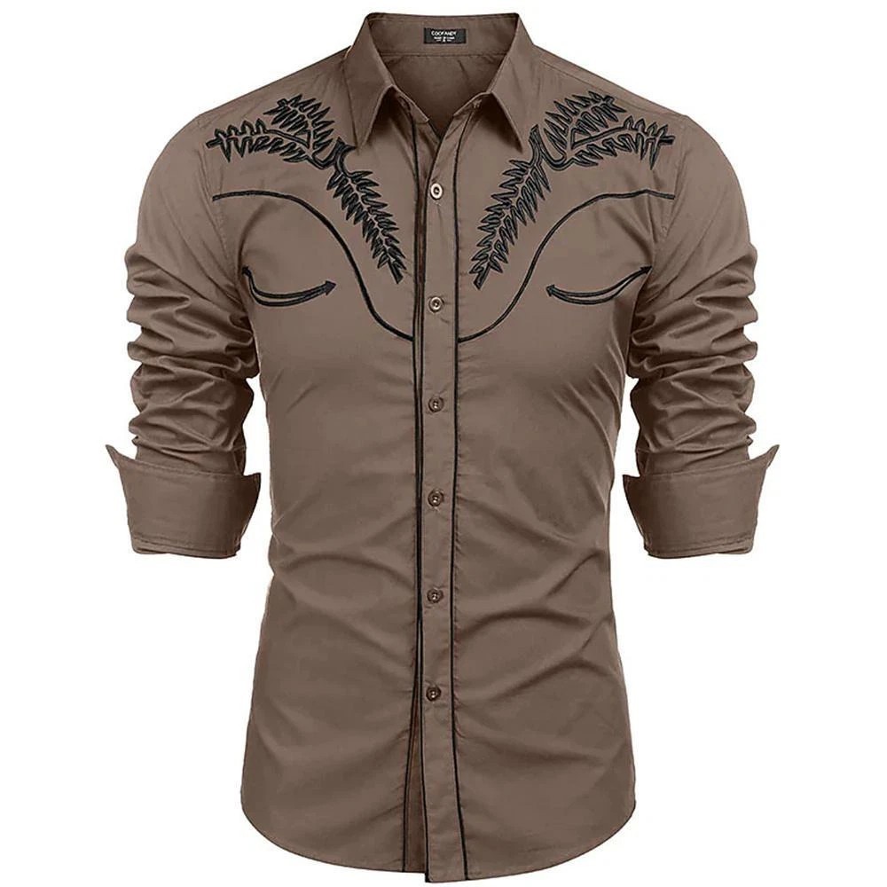 Men’s Western Cowboy Shirt Long Sleeve Retro Printing Casual Buttons Down Shirts