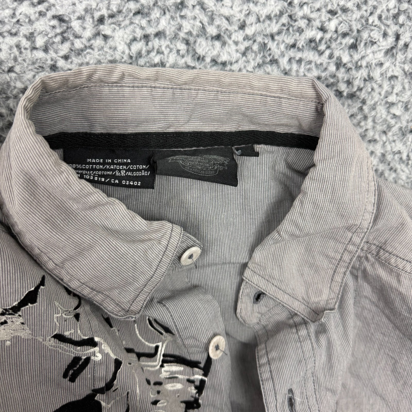 Harley Davidson Shirt Mens Large Gray Button Up Work Mechanic Skull Spell Out L