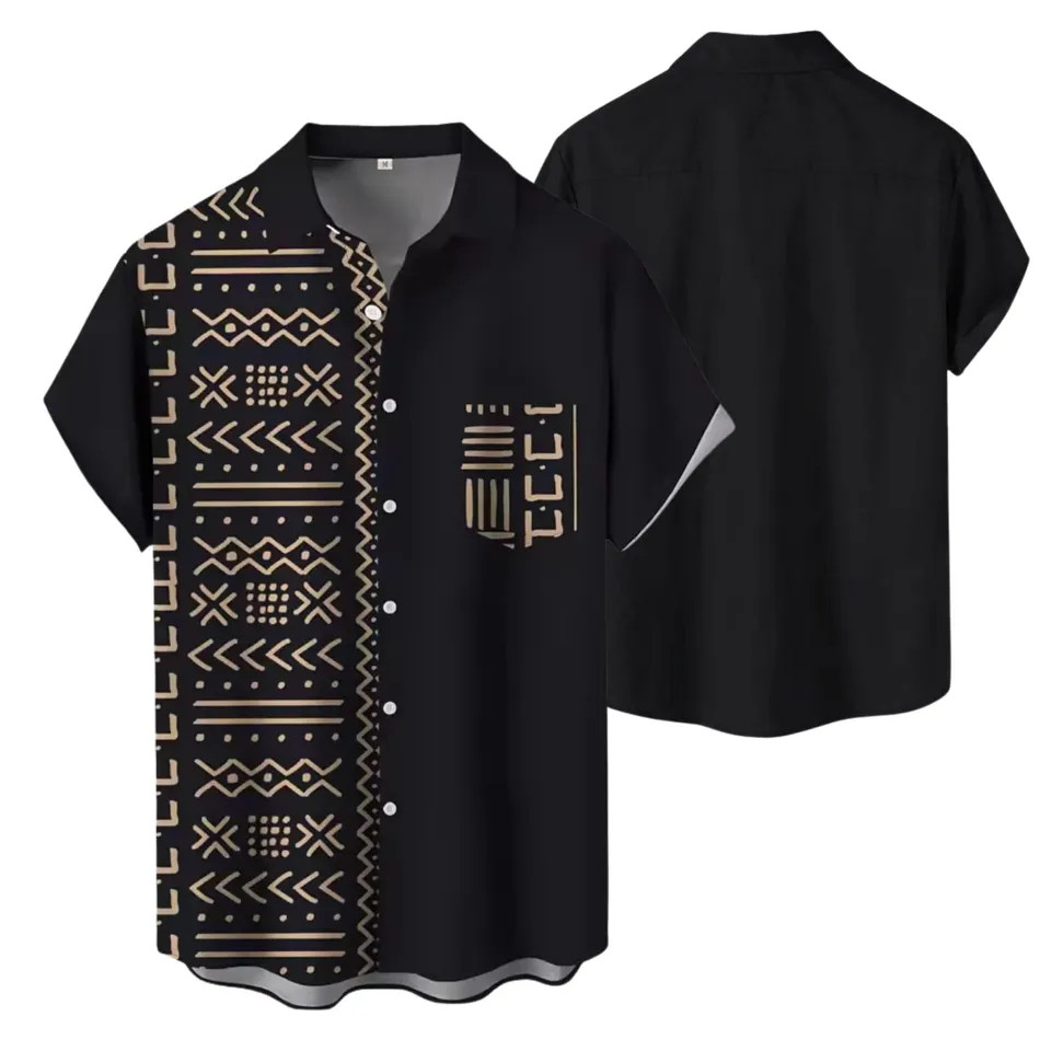 African Mudcloth Hawaiian Shirt Men Black Tribal Boho Ethnic Resort Beach
