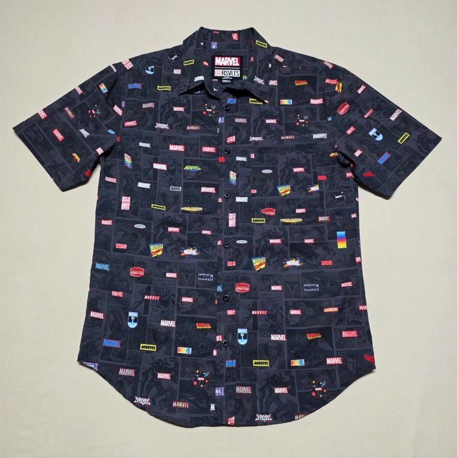 RSVLTS Marvel Comics Logo Short Sleeve Button Down Shirt Men Small Slimming