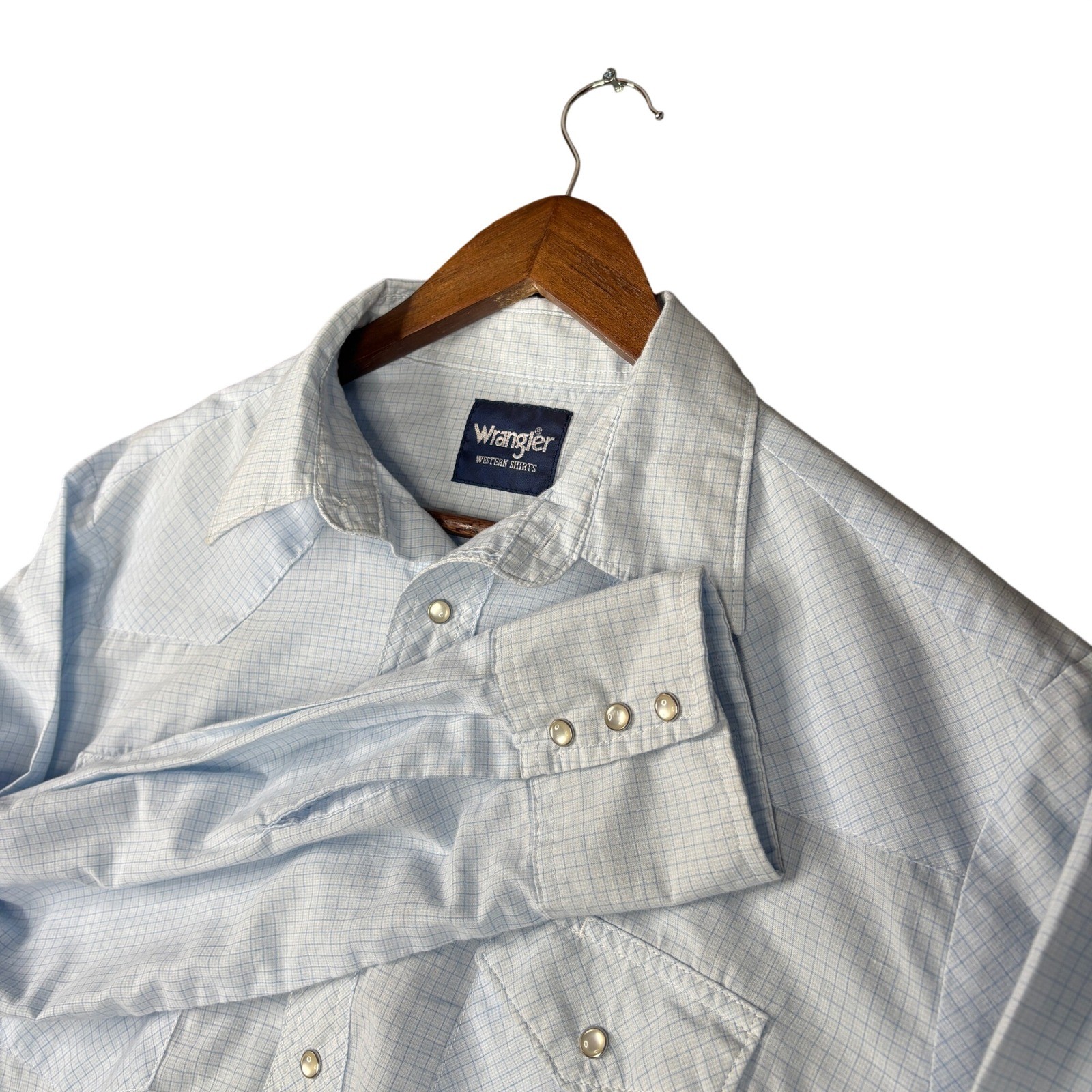 Wrangler Western Shirts Mens Large Blue Grid Pearl Snap Long Sleeve Cowboy Shirt