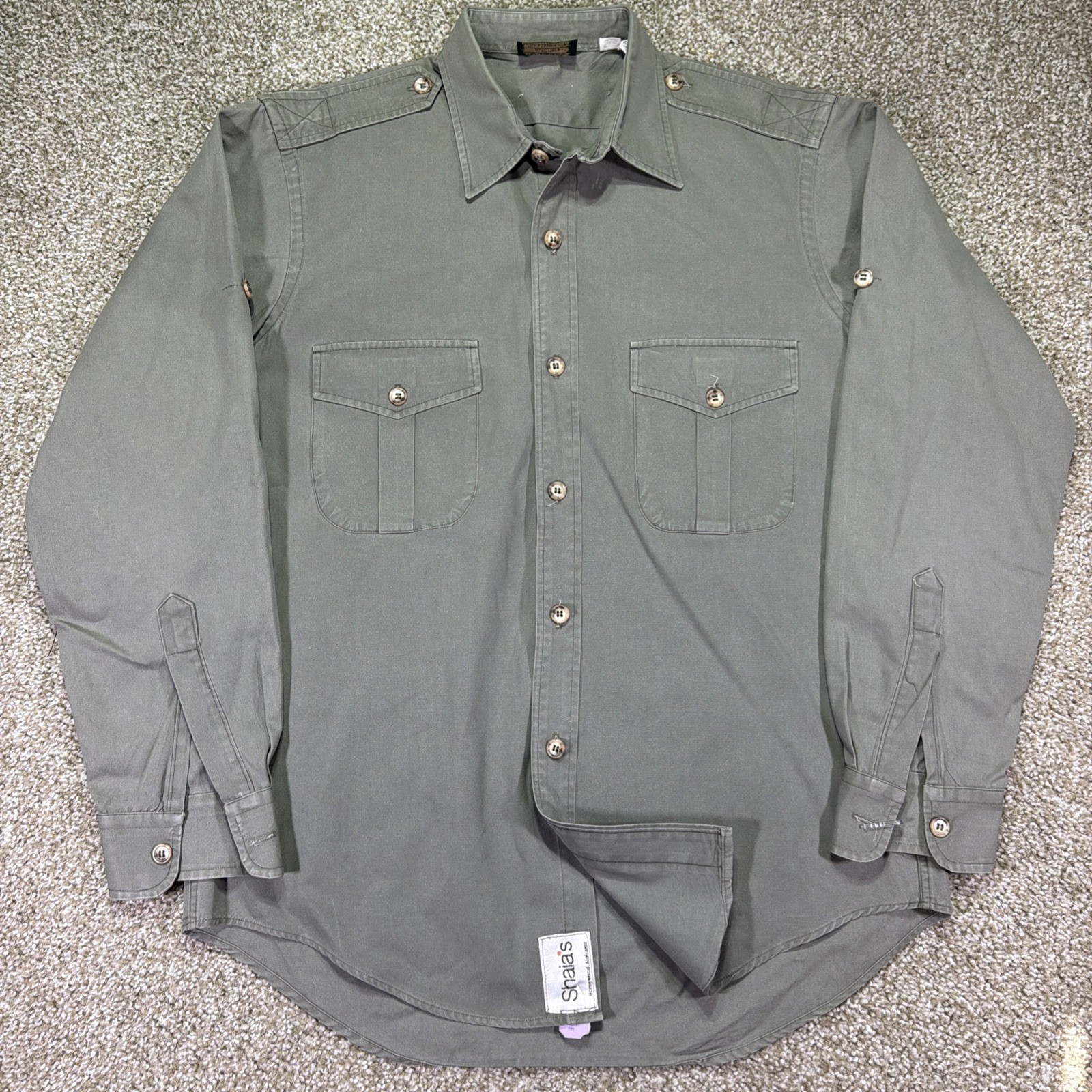 Vintage Willis And Geiger Large Gray Safari Bush Button Up USA Made 80s Rare