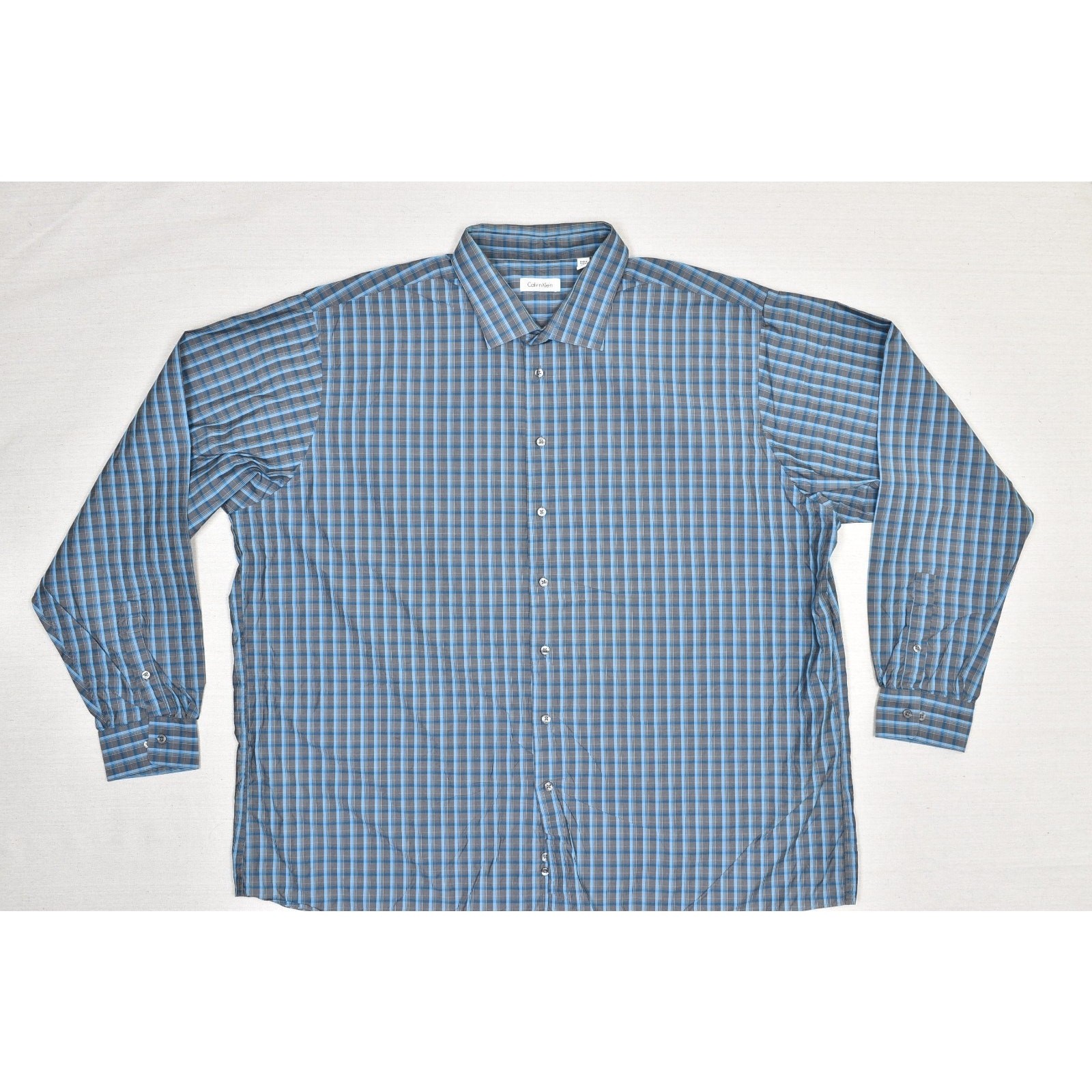 Calvin Klein Tall 20 Blue Gray Plaid Long Sleeve Button Down Shirt 38/39 Chest E