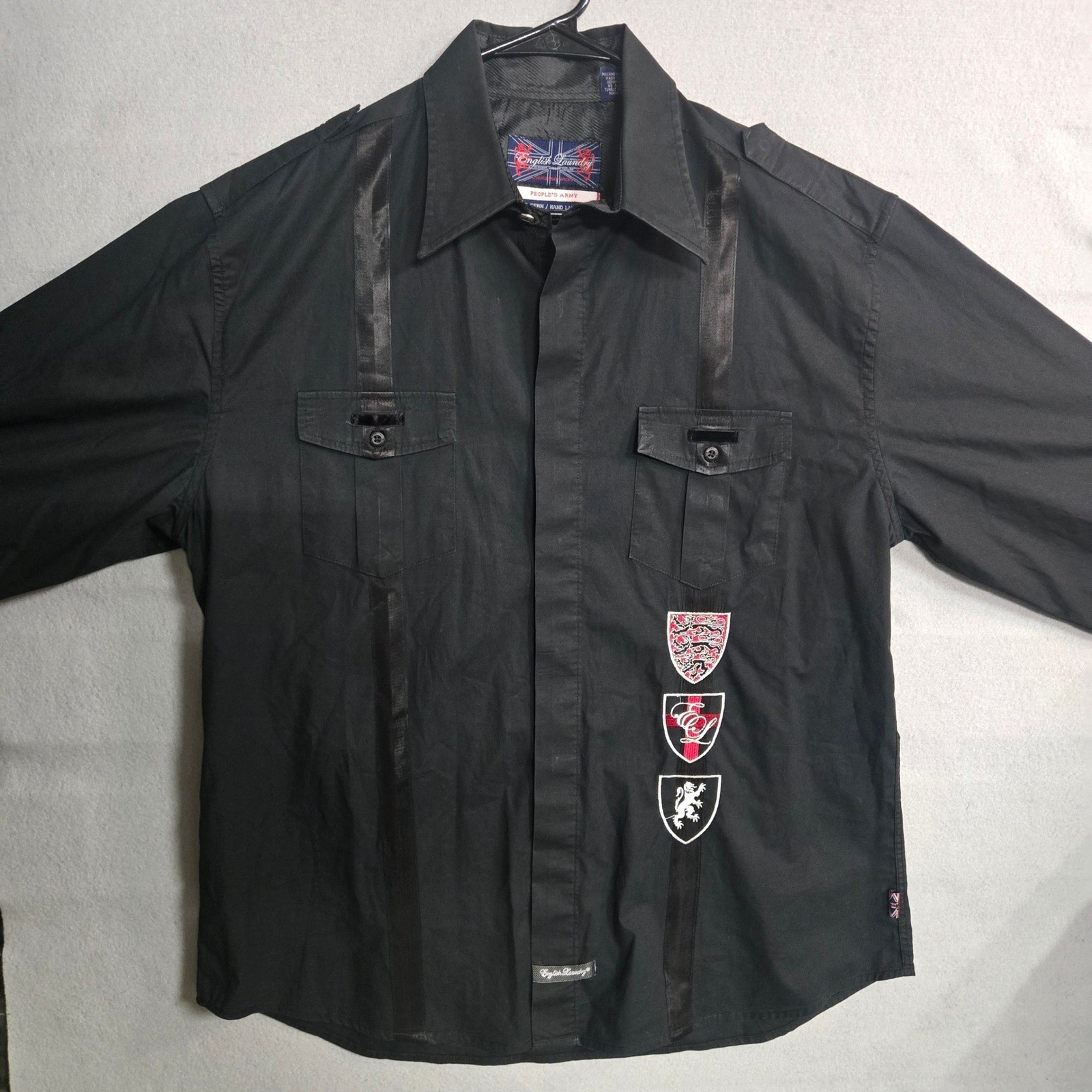 English Laundry Peoples Army Black Military Crest Button Down Shirt Mens Large