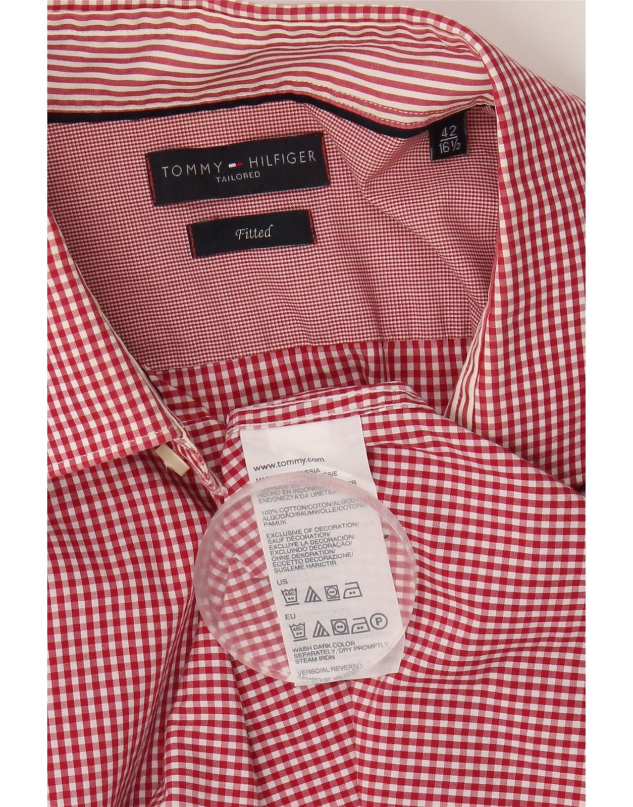 TOMMY HILFIGER Mens Fitted Shirt Size 42 16 1/2 Large Red Gingham CM01