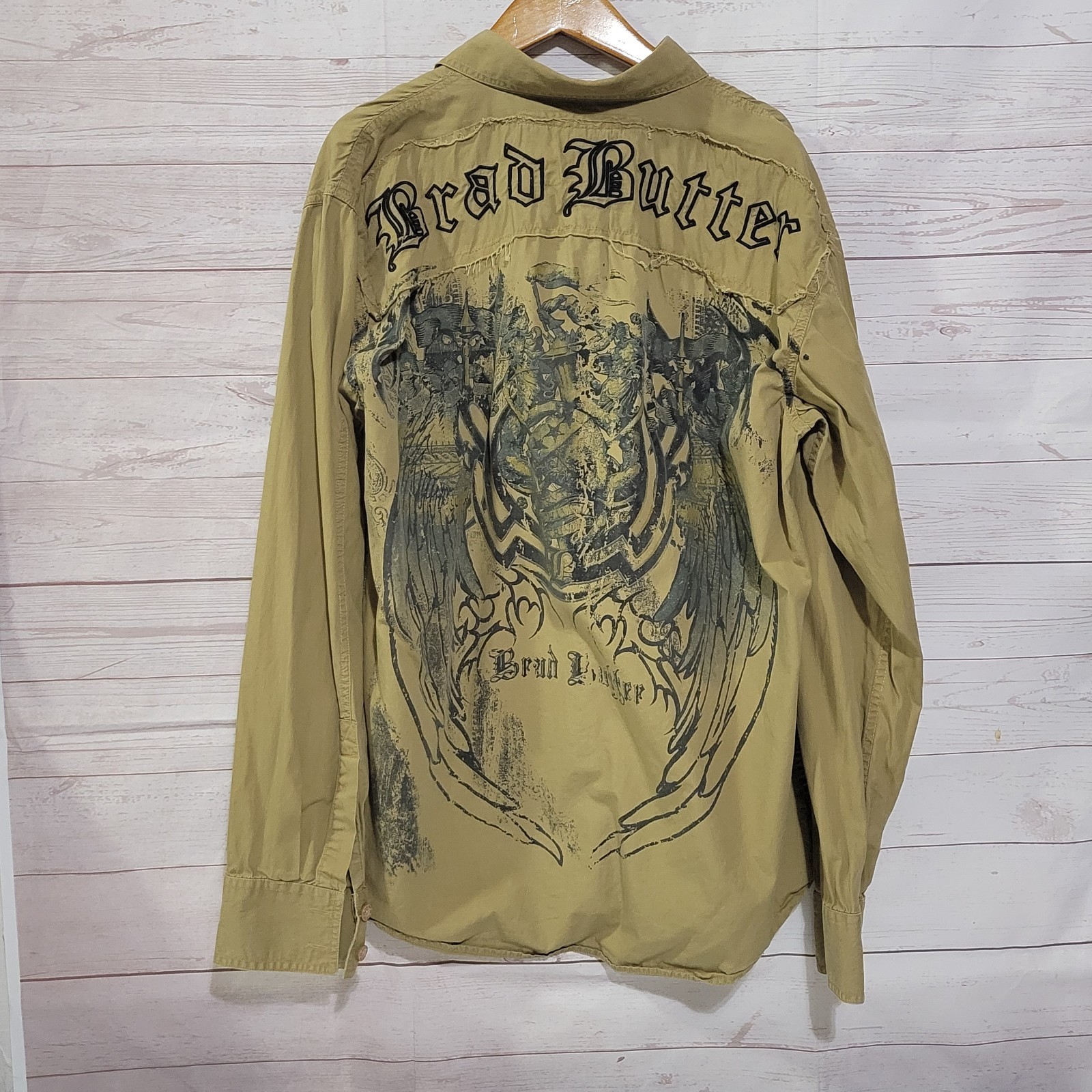 Brad Butter Button Up Shirt Mens XL Brown Tribal Wings Y2K Grunge Cyber Studded