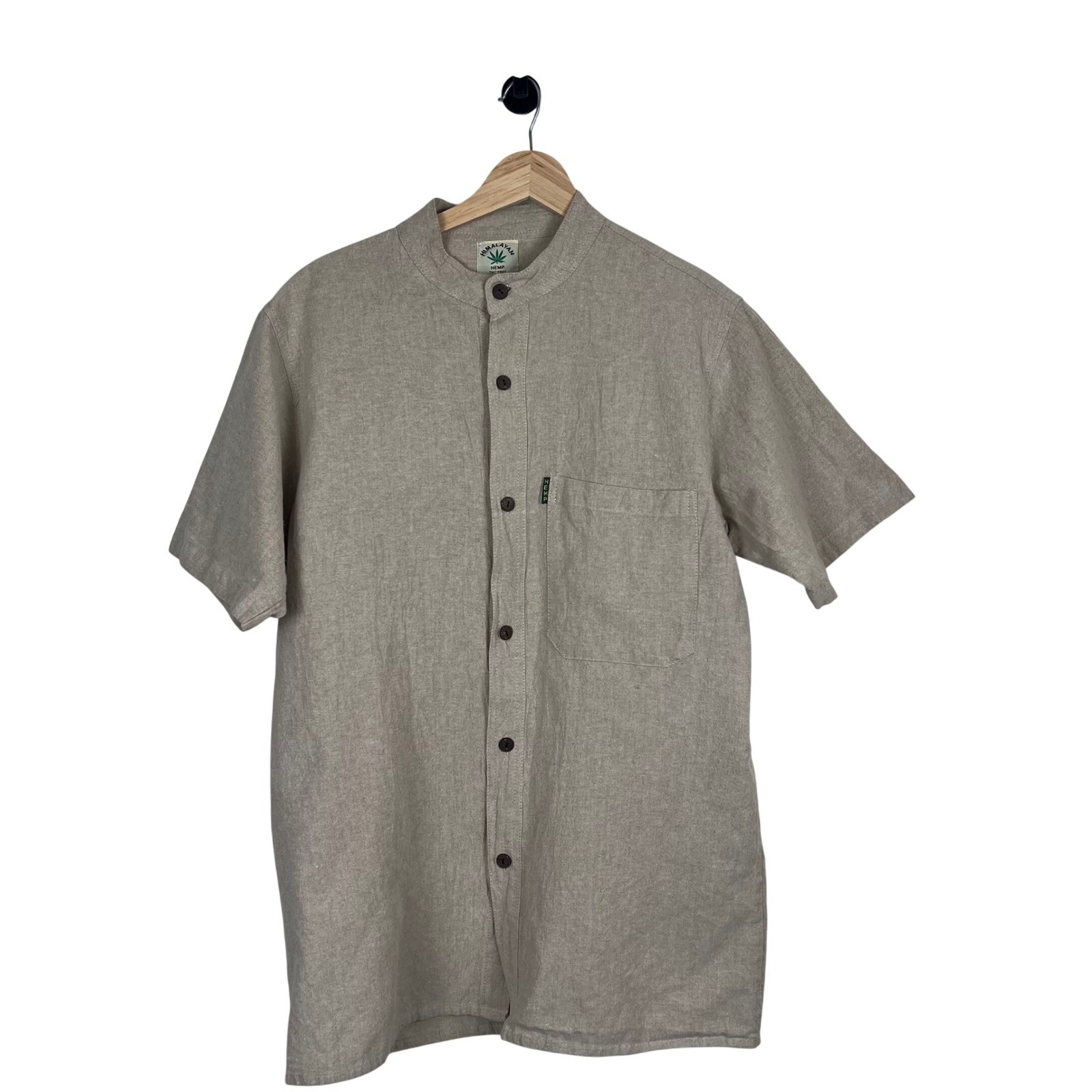 Himalayan Hemp Mens Short Sleeve Band Collar Button Down Shirt Beige Size M