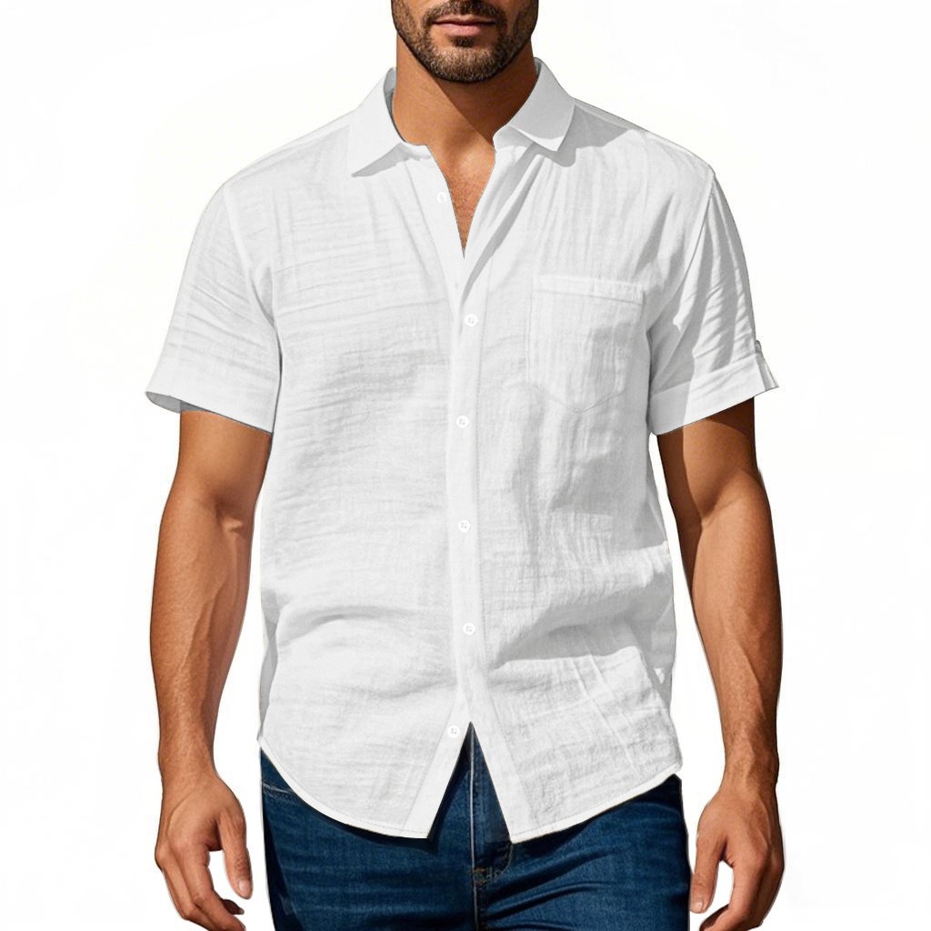 Men’s style linen loose casual henley collar lapel casual short sleeve shirt