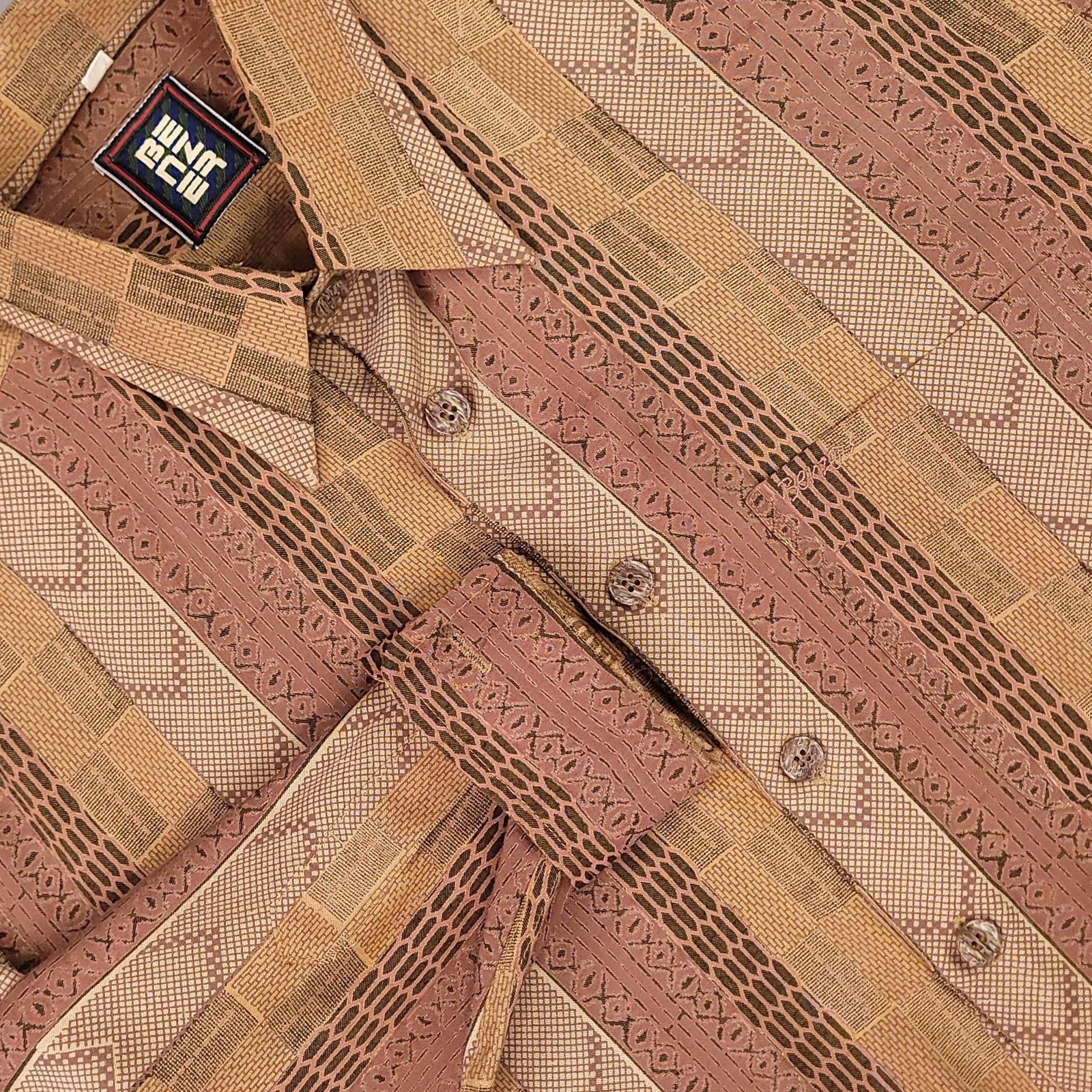 Vintage Benzer Shirt Mens Large Geometric Pattern Button Up Long Sleeve 90s