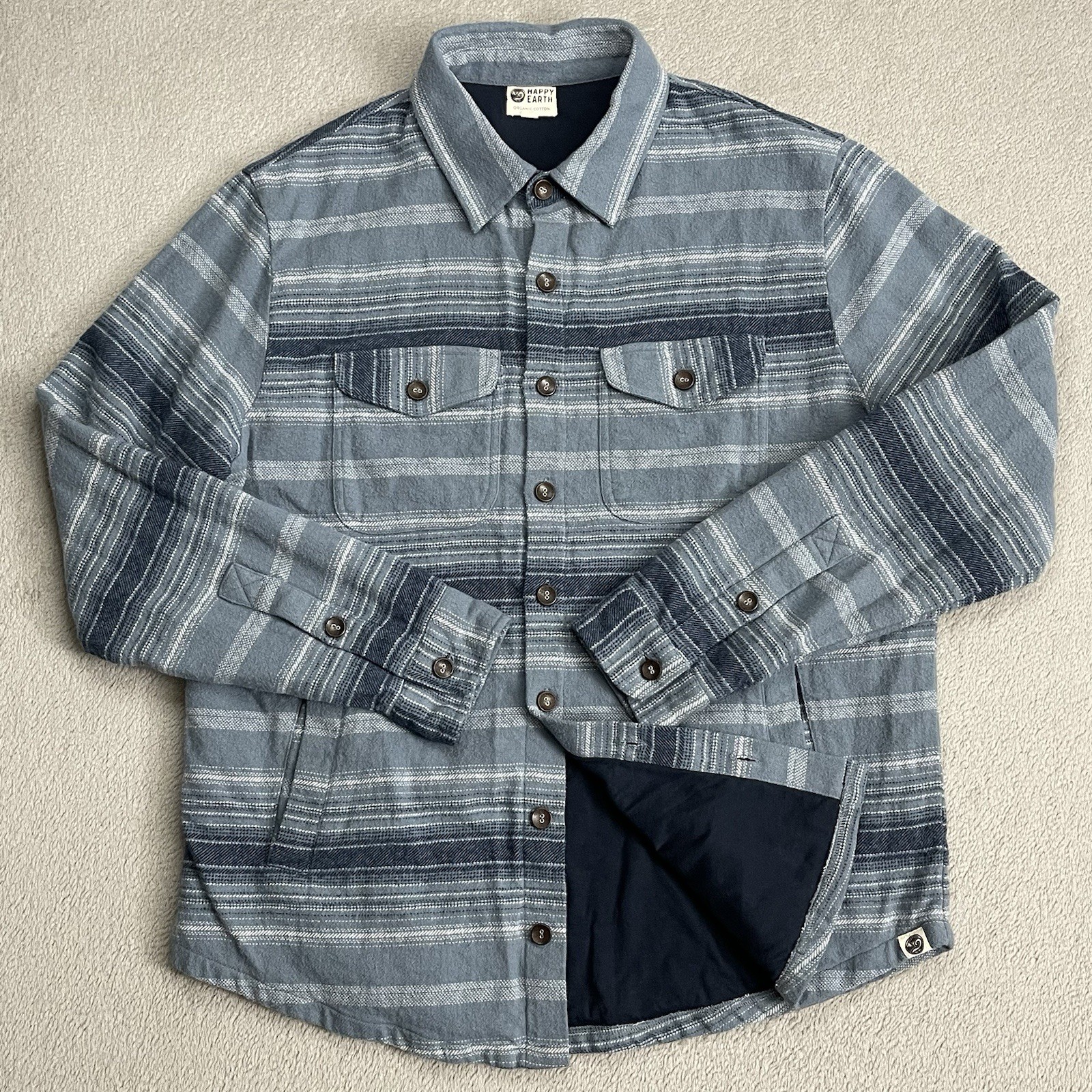 Happy Earth Shirt Men’s Medium Flannel Organic Cotton 2 Layer Shacket Plaid Blue