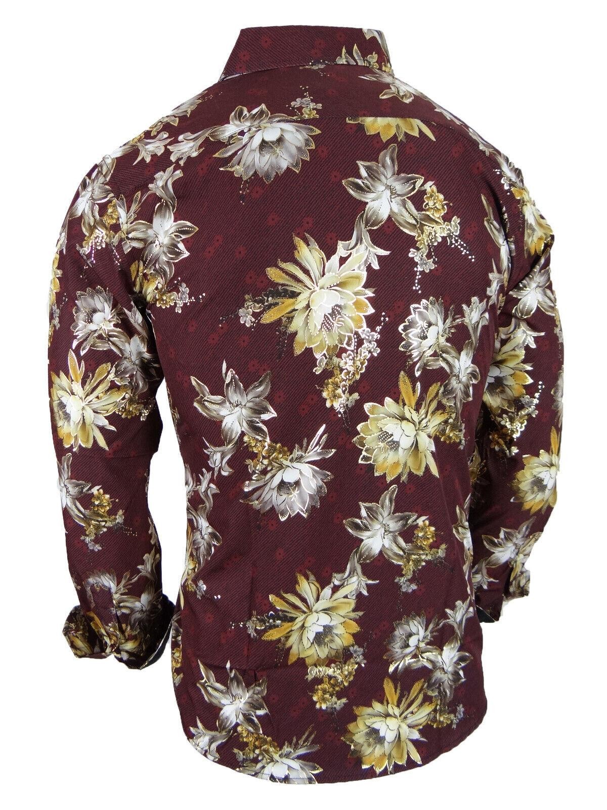 Mens Shirt Tropical Florals Shiny Gold Highlights Stretch Slim Fit Button Up 2