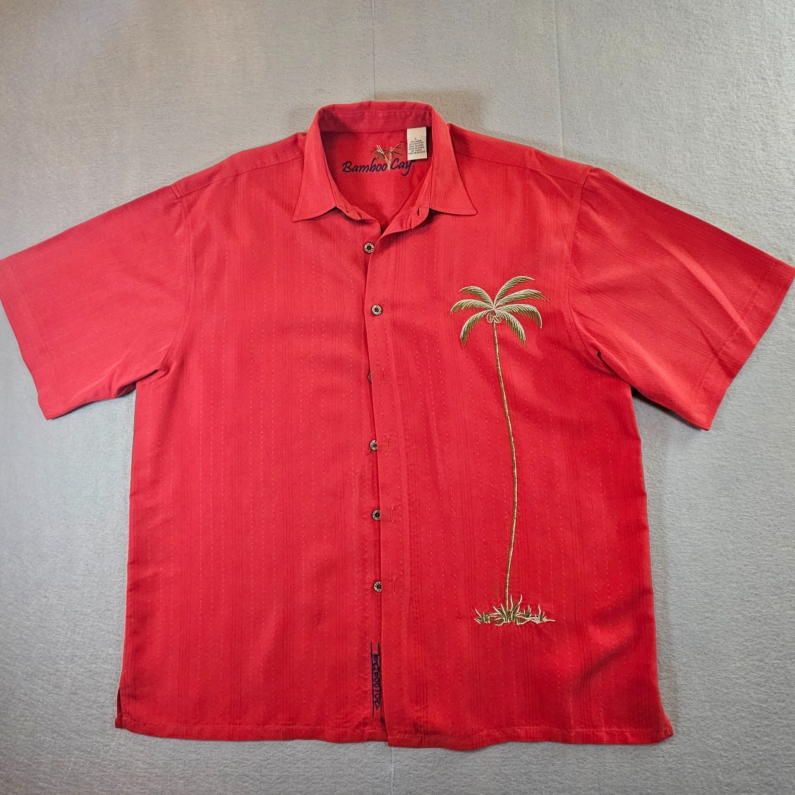 Bamboo Cay Mens L Red Camp Shirt Palm Tree Embroidered Hawaiian Short Sleeve