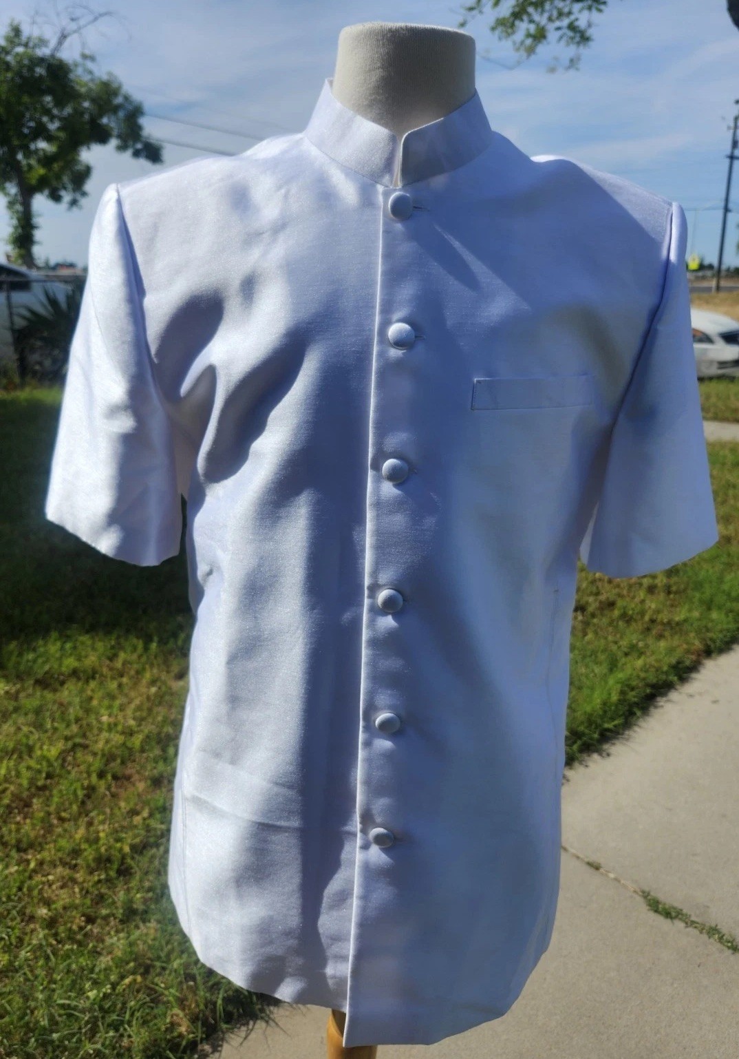Mens Khmer Silk Mandarin Collar Shirts Short Sleeve 100% Silk Casual Dress Sz. L