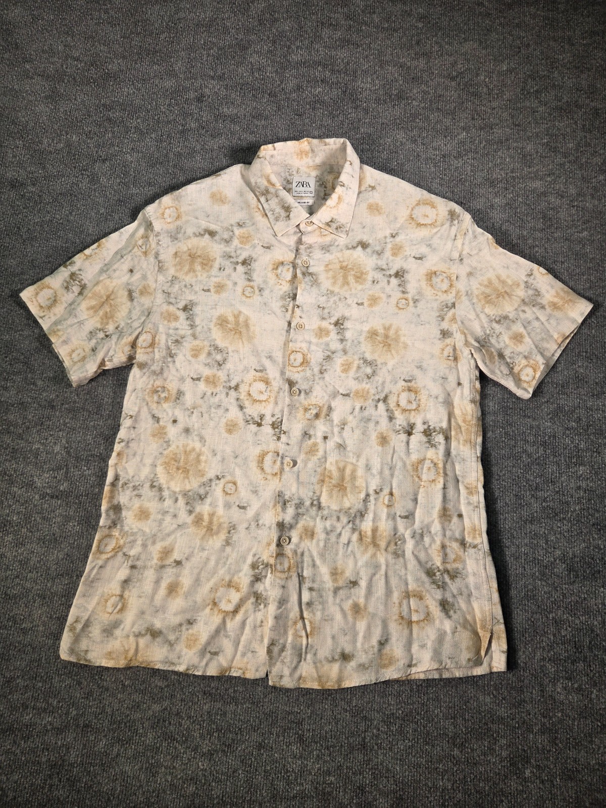 Zara Relaxed Fit Mens Sz L Beige Abstract Tie Dye Pattern Button Up Casual Top