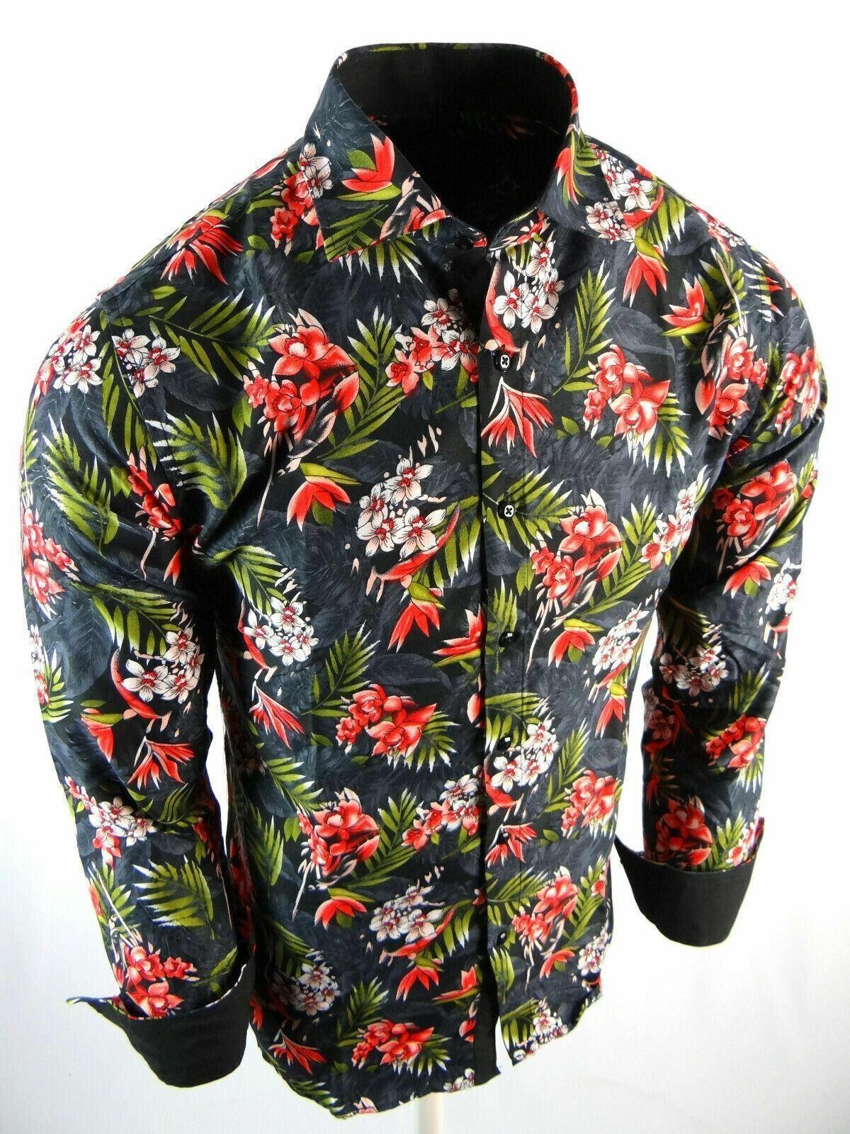 Men Premier Shirt Black Red Green Tropical Floral Patterns Slim Fit Button Front
