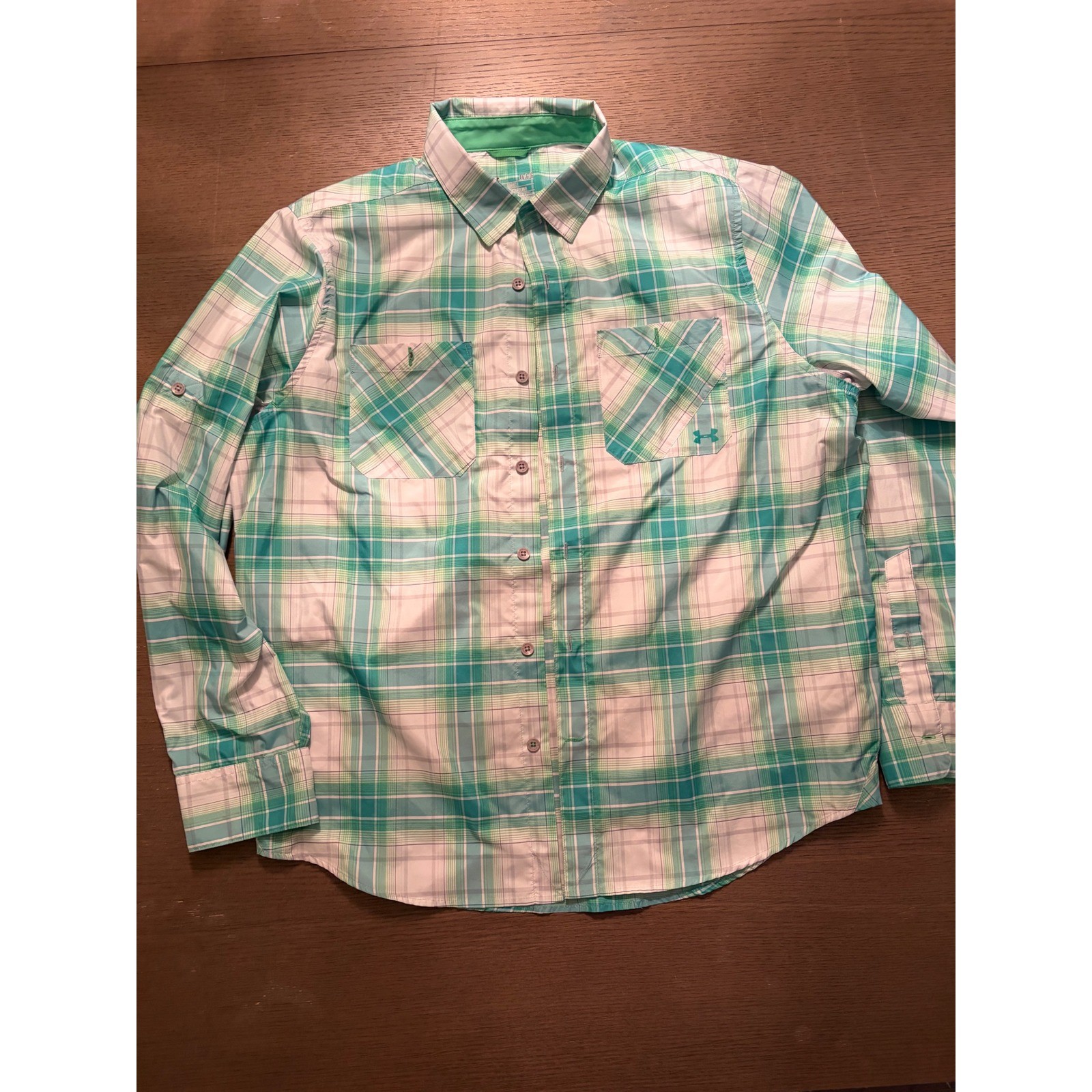 Under Armour Mens HeatGear Plaid Button Up Shirt Teal Green Roll Tab Large Loose