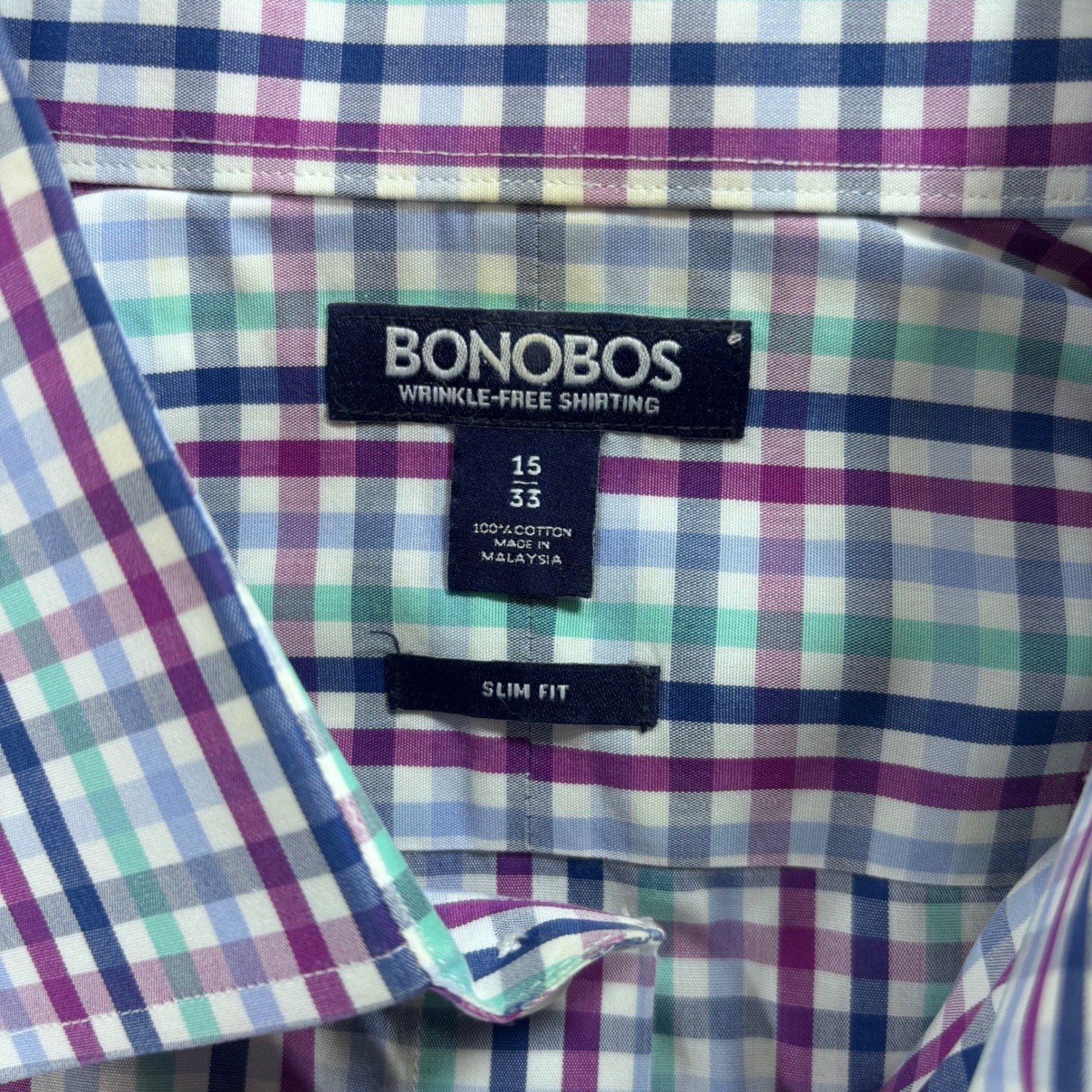 Bonobos Button Down Mens 15/33 Purple Teal Plaid Slim Fit Wrinkle-Free Shirt