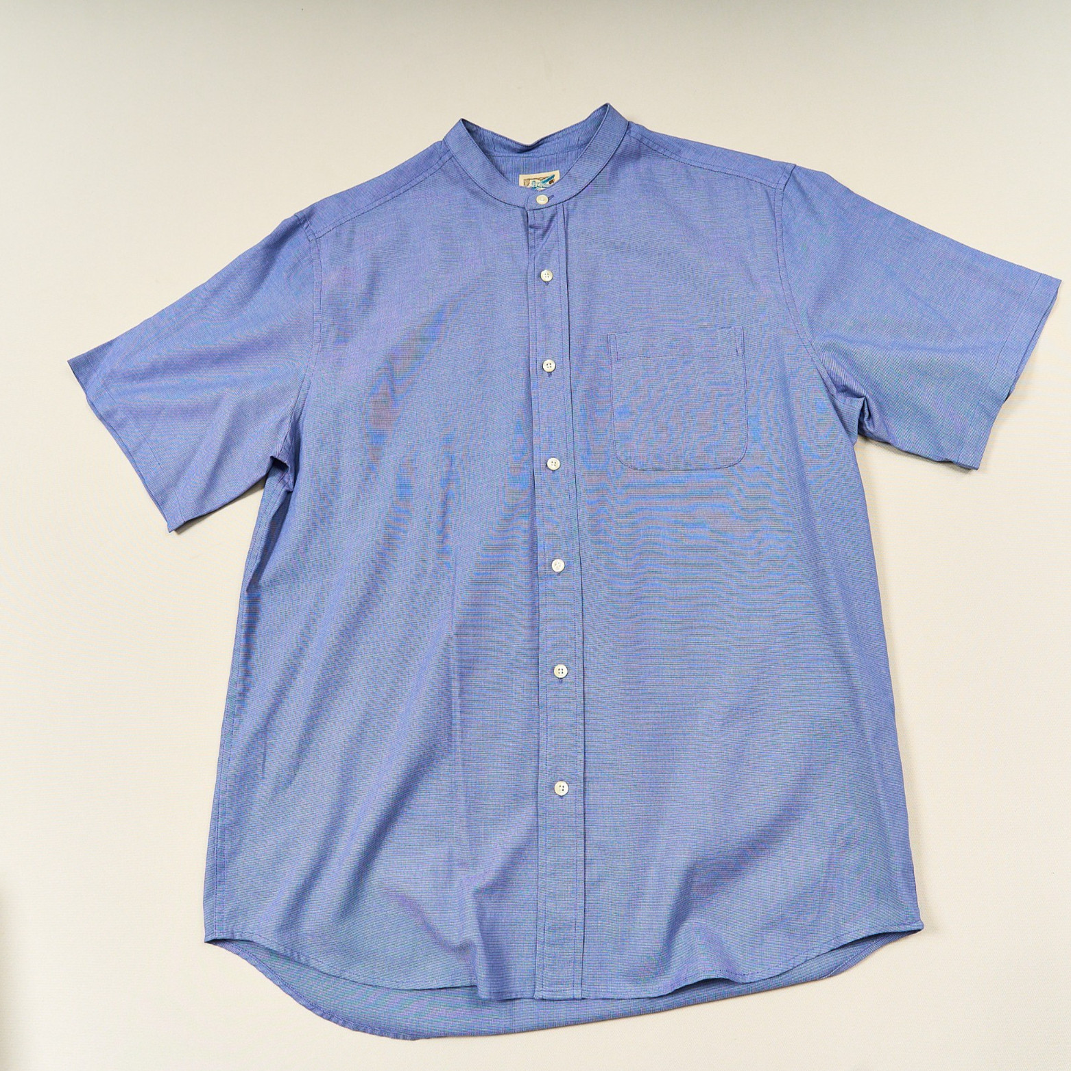 TravelSmith Shirt Mens L Band Collar Short Sleeve Button Up Cotton Coolmax Blue