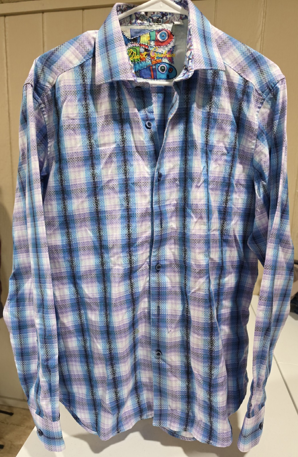 Robert Graham Men’s M Blue/Purple/White Plaid Woven Embroidered Button-Up