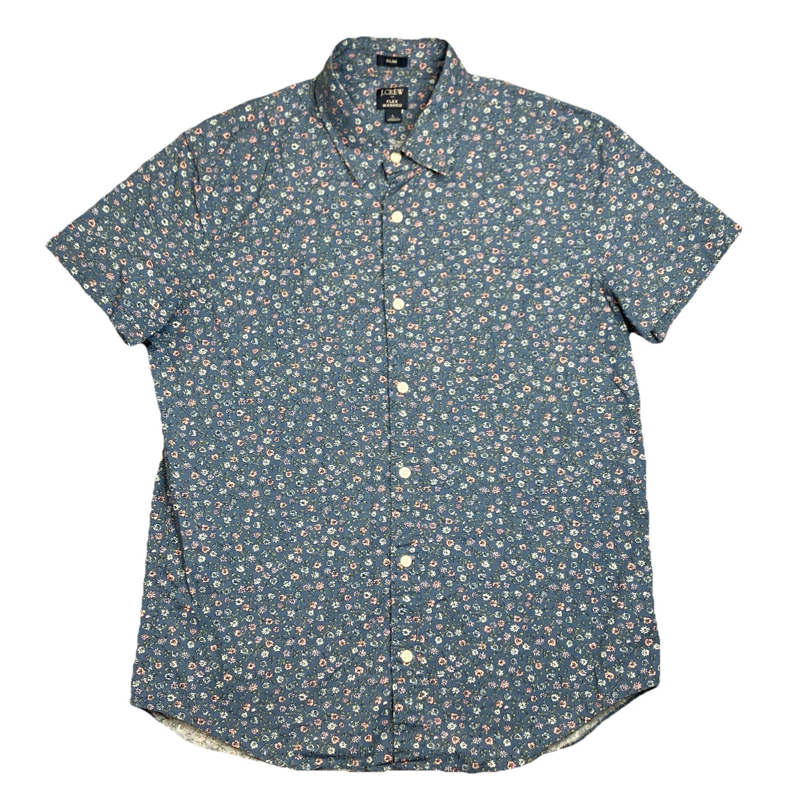 J Crew Floral Button Shirt Mens L Blue Pink Flex Washed Cotton Casual BP969