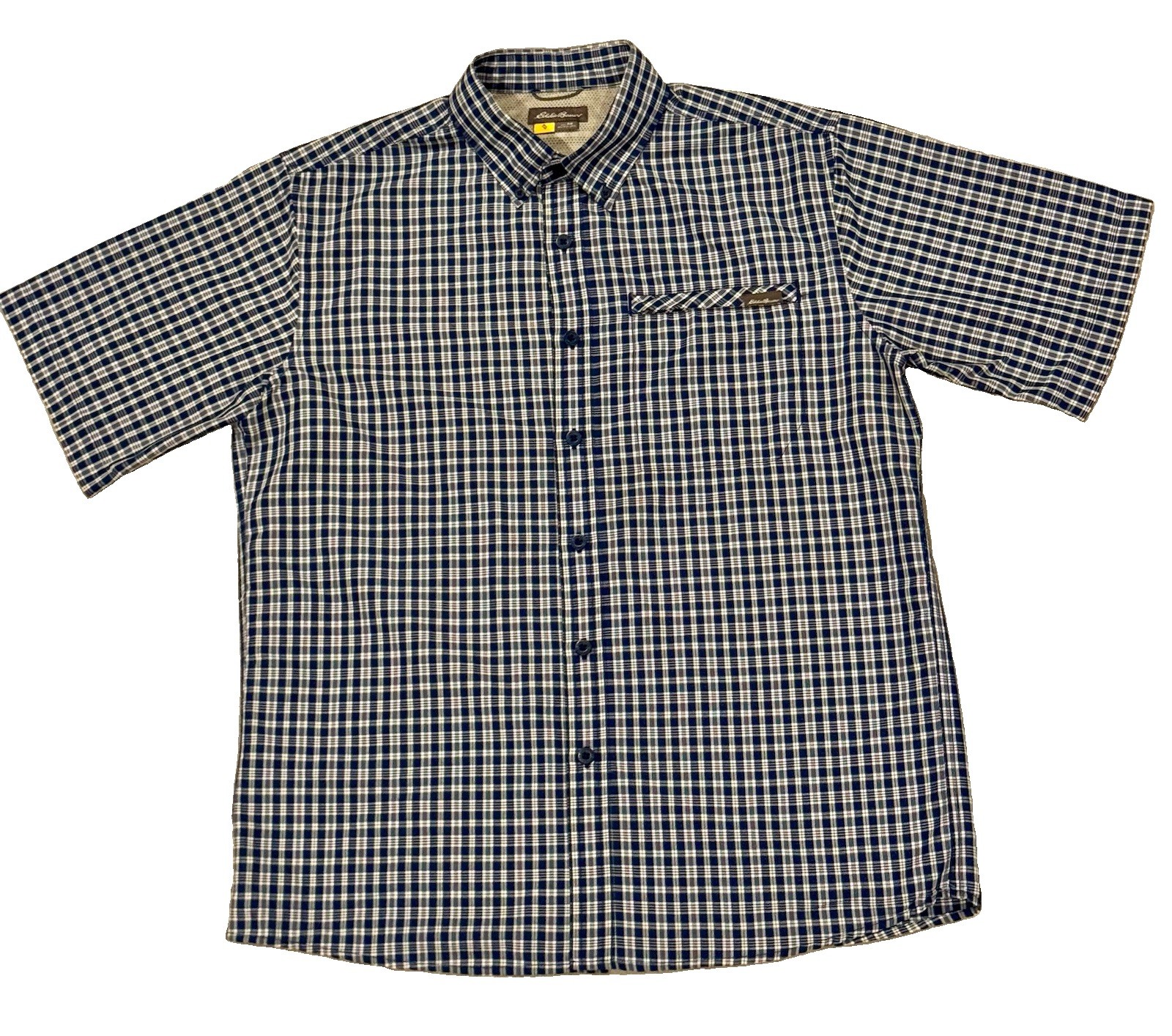 Eddie Bauer Mens M Blue Plaid Short Sleeve Vented Hiking Fishing Shirt