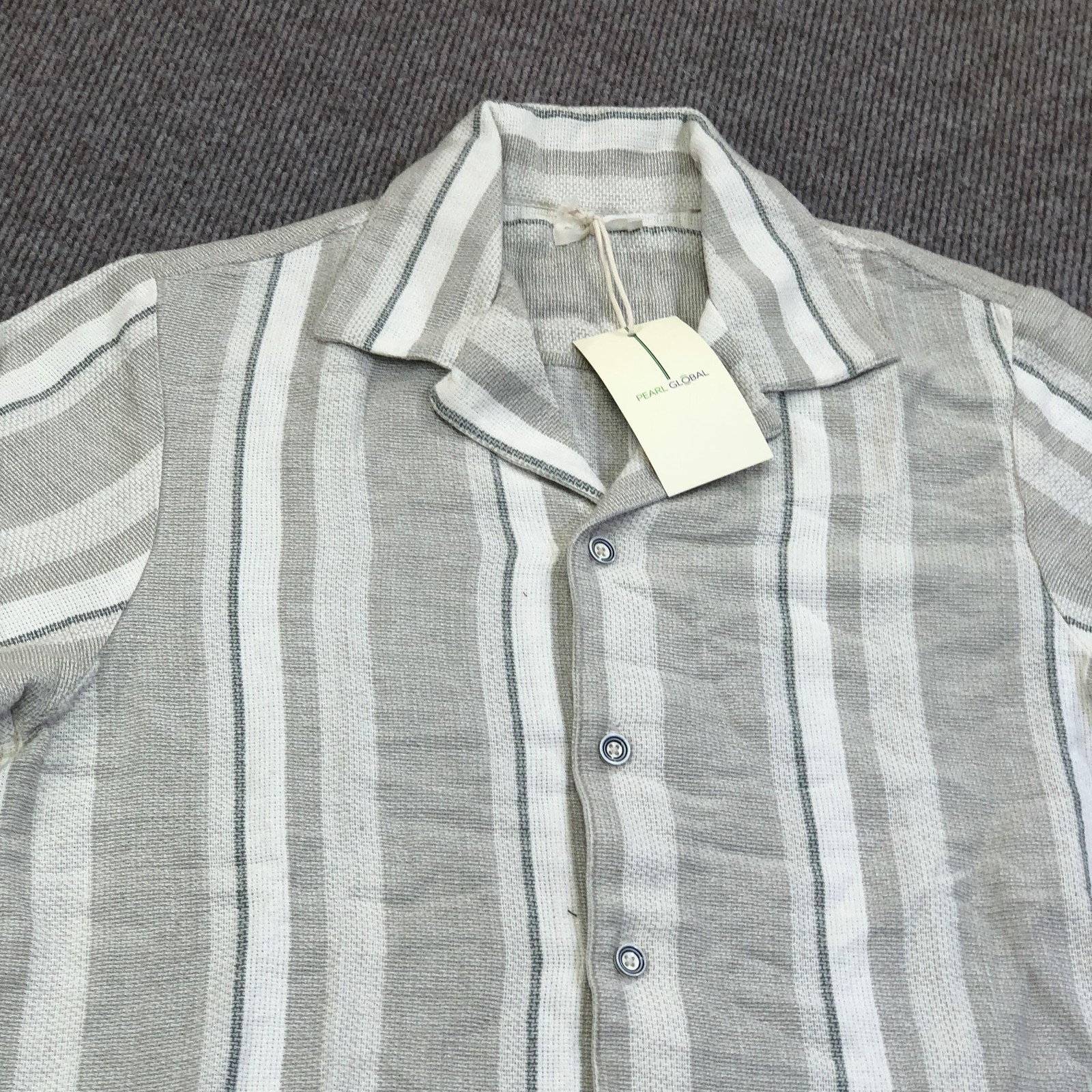 Pearl Global Shirt Mens Medium Gray Stripe Short Sleeve Button Up Woven Casual