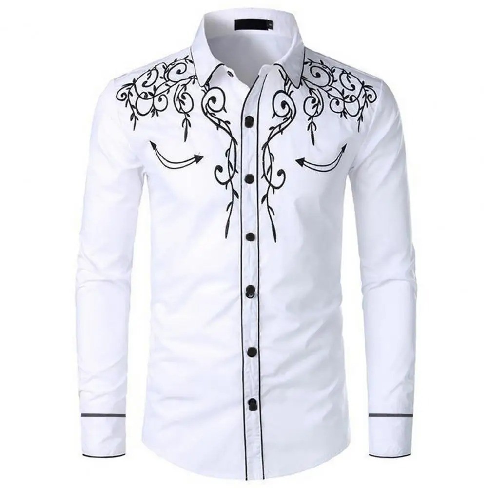 Men Western Cowboy Embroidered Shirt Long Sleeve Slim Fit Casual Button Up Lapel