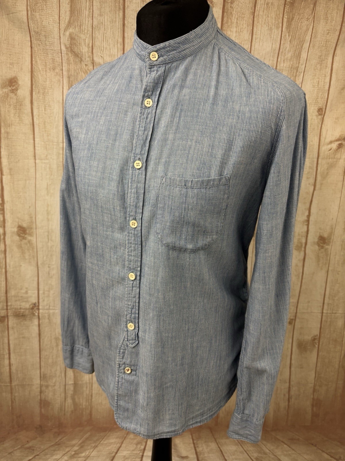 Levi’s Made Crafted Long Sleeve Shirt Mens 2 Medium Blue Stripe Grandad Mandarin