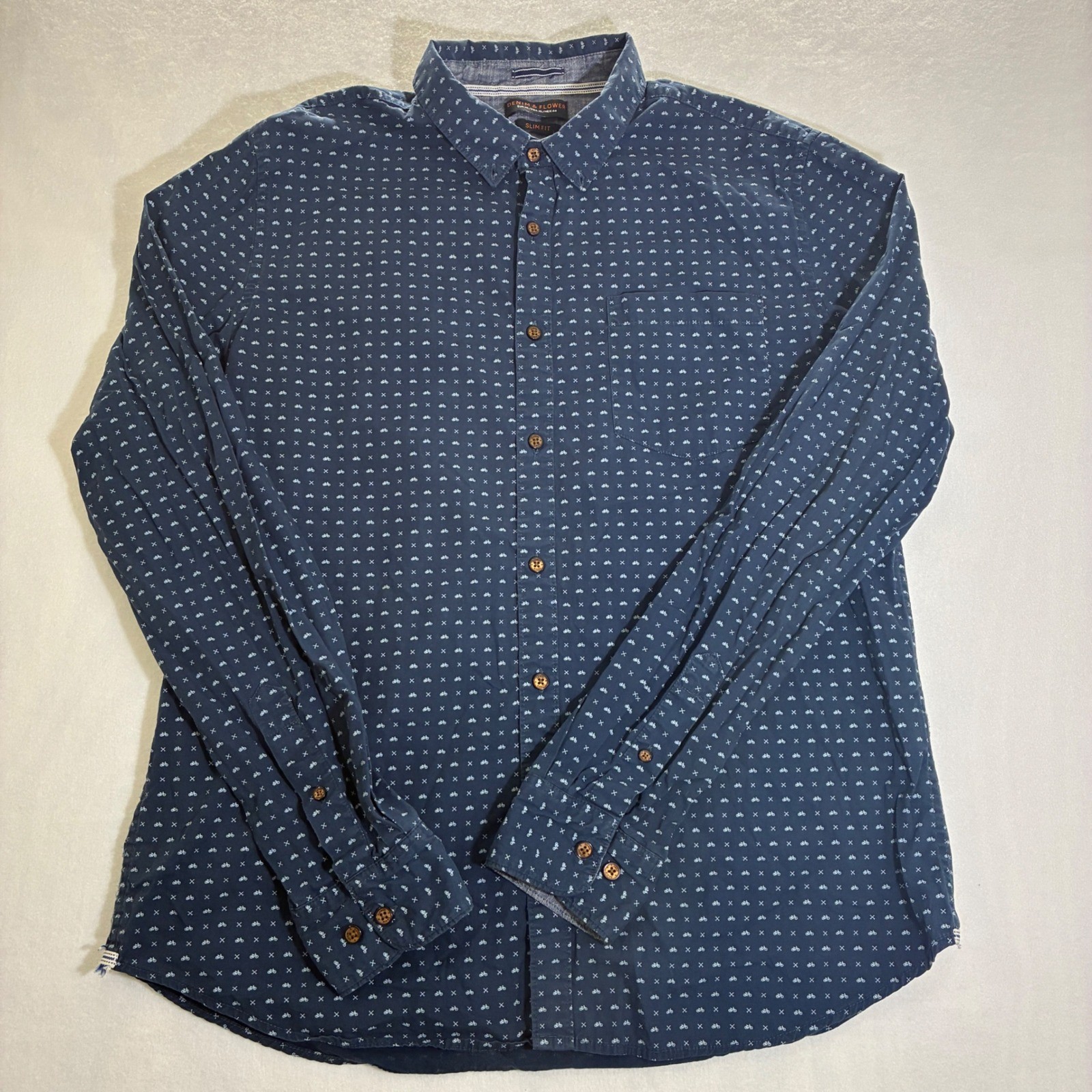 Denim & Flower Men’s XL Blue Bicycle Crossbones Print Slim Fit Button-Up Shirt