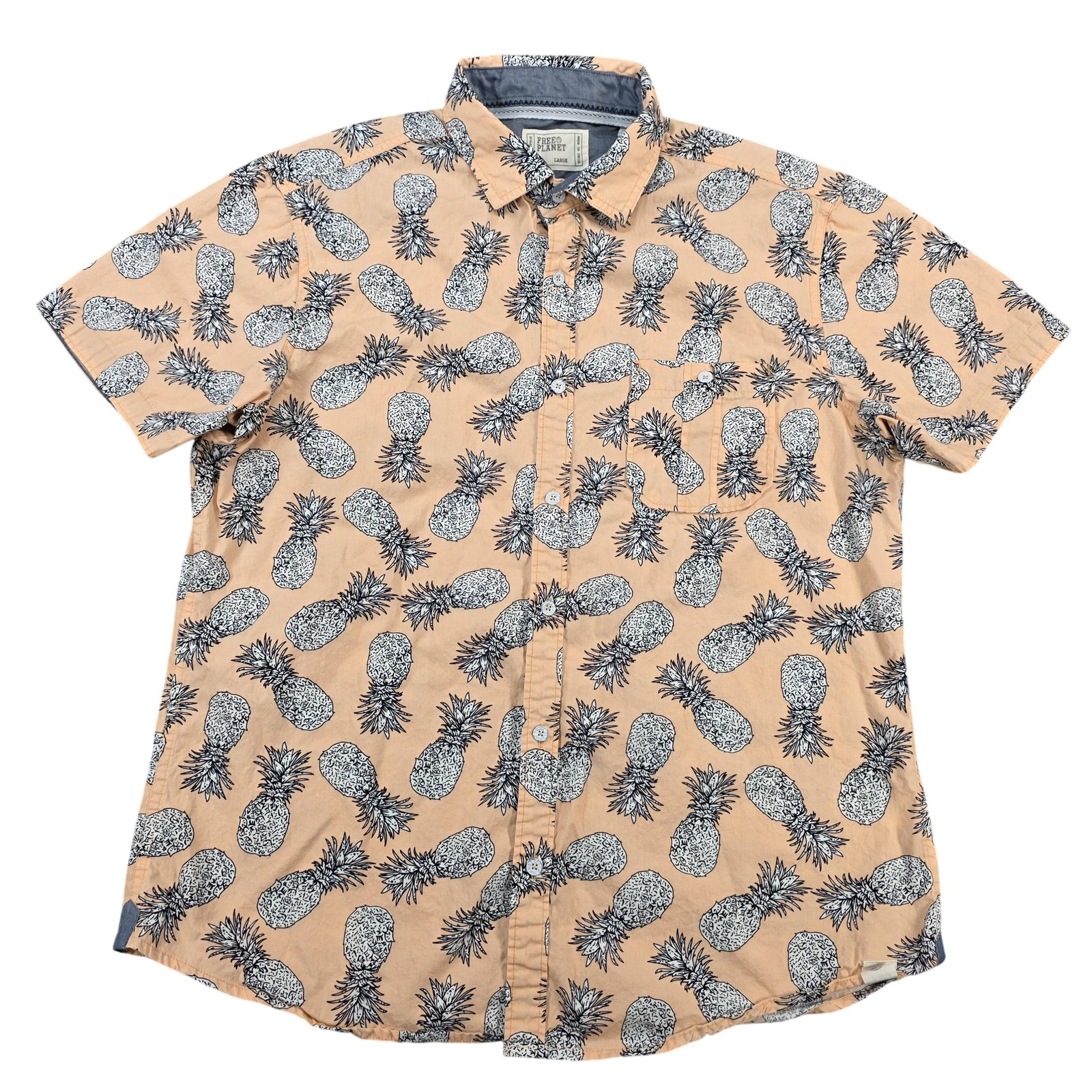 Free Planet Shirt Mens Large Peach Pineapple Print Short Sleeve Button Up