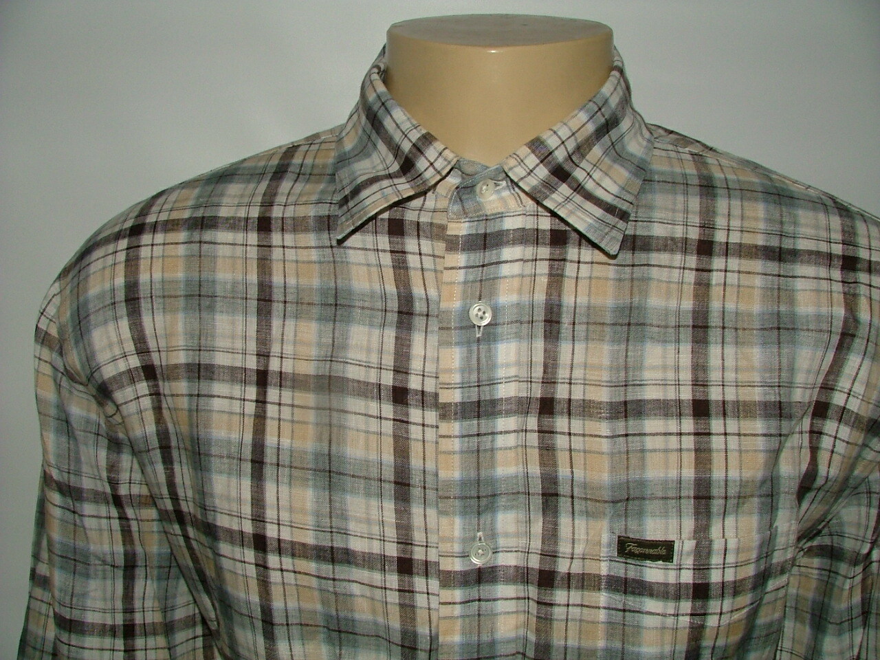 MENS FACONNABLE CASUAL SHIRT SIZE XL 100% LINEN WHITE BLACK PLAIDS #455