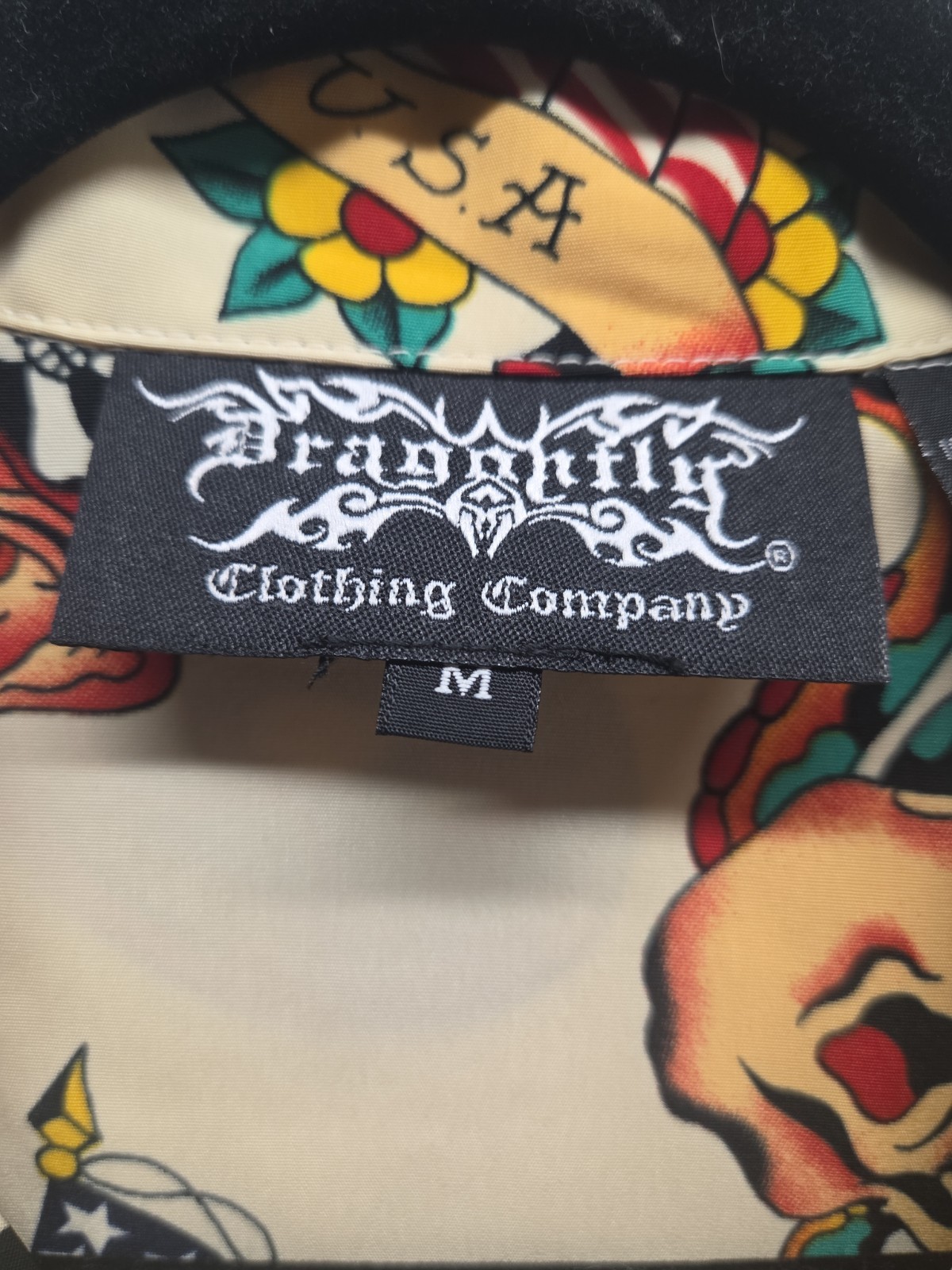 Vtg Dragonfly Clothing Co Tattoo Flash Shirt Medium All Over Print Y2K Rockabill