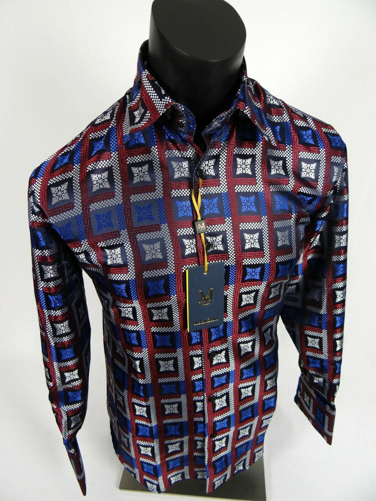 Mens Manzini Shirt Blue Silver Burgundy Italian Florals Cuff Links Button Front