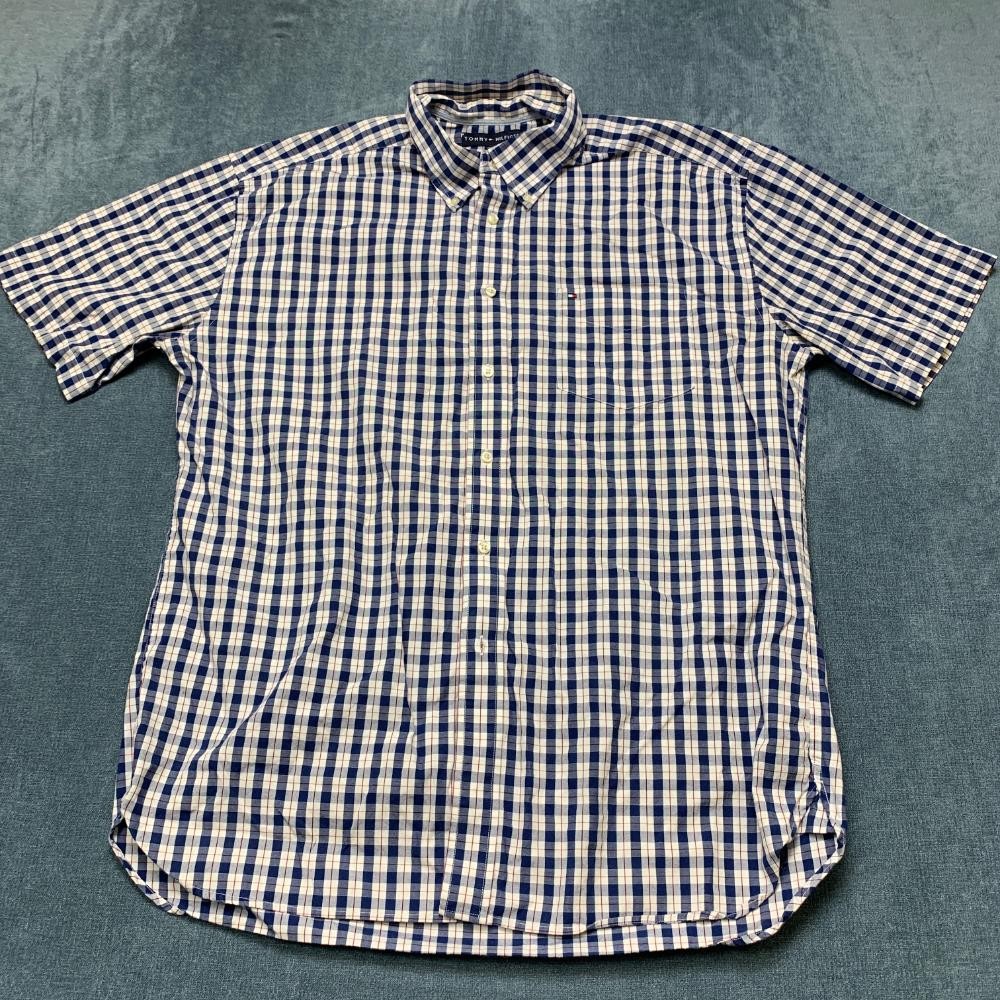 Tommy Hilfiger Shirt Mens XL Blue White Plaid Chest Pocket Pleated Button Down