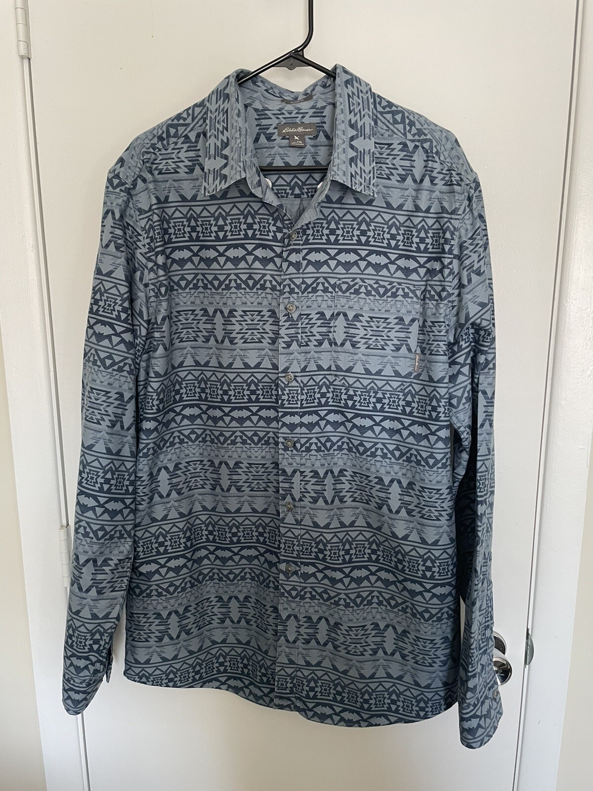 Eddie Bauer Button Down Tall Shirt Aztec Mens TXL Classic Fit Blue Outdoor