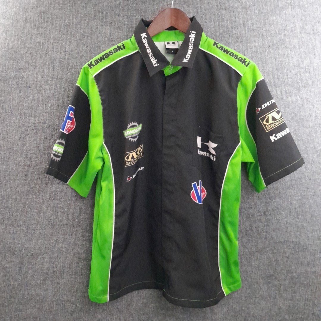Vintage Kawasaki Racing Shirt Mens S Button Up Green Black Motorcycle Motorsport